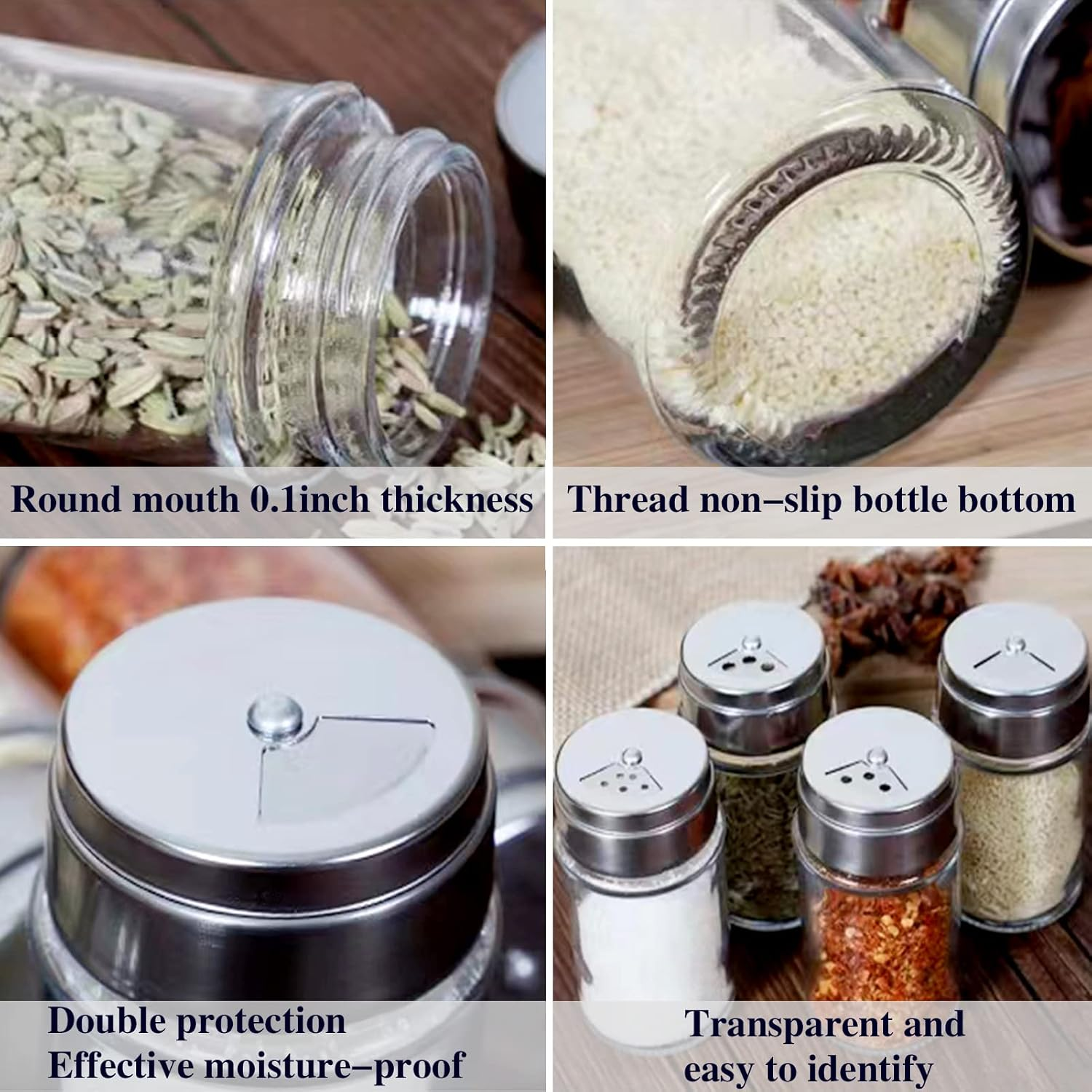 4Pcs Salt and Pepper Shakers Set, Salt Shaker and Pepper Shaker with Adjustable Pour Holes, Pepper and Salt Container with Stainless Steel Lid,Glass Salt and Pepper Shakers,Spice Shaker for Kitchen