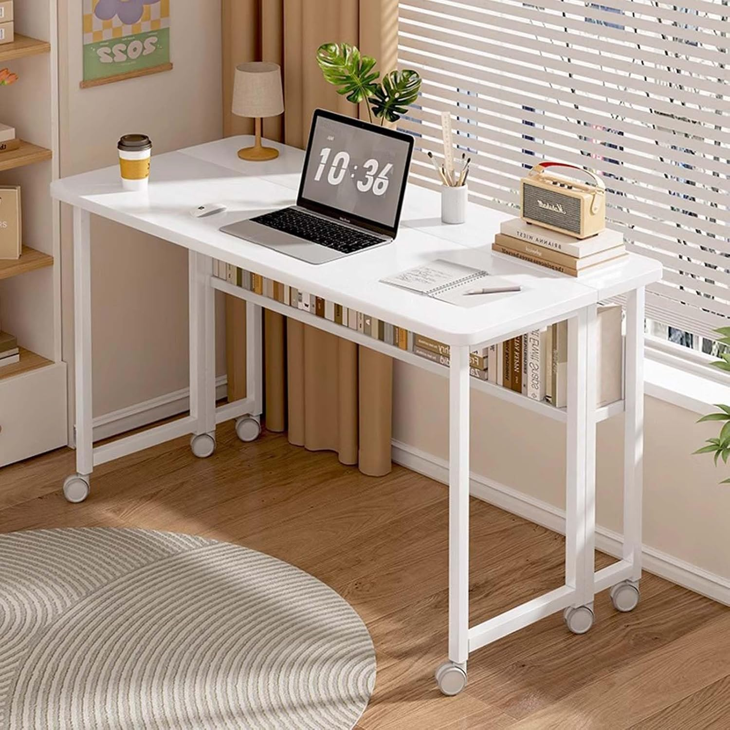 Eqiech Folding Table,Writing Computer Desk Small Foldable Desk Space Saving Computer Table with Bookshelf & Wheels Study Office Desk Foldable Table for Home Office ，Easy Assembly（White） image number 5