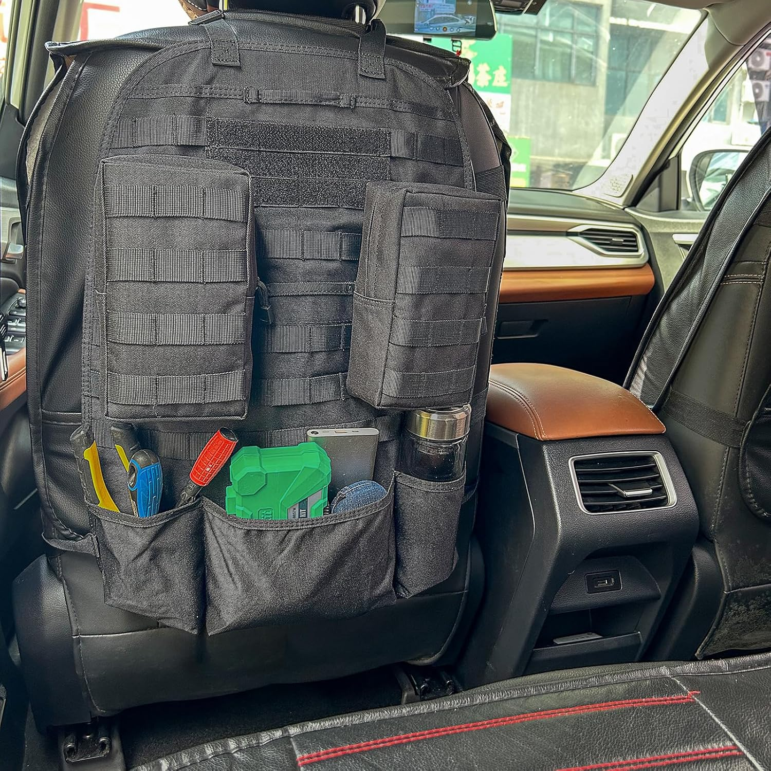 Molle Car Seat Organiser - Tactical Car Seat Back Organizer with 1 Molle Panel + 2 Molle Pouches (Style I) image number 2