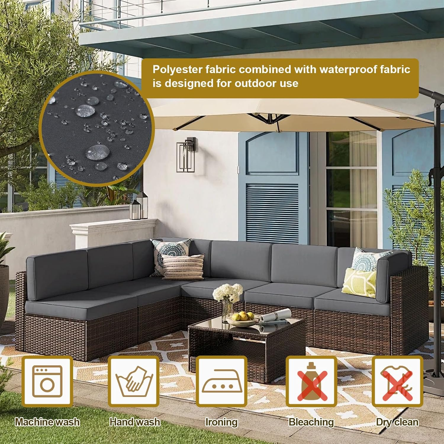 14 Piece Outdoor Patio Cushion Cover Replacement, Waterproof Patio Cushion Covers, Outdoor Furniture Cushion Covers Set for 6 Seat Wicker Rattan Sofa (Deep Grey, 25.6 * 25.6 * 4 Inch) image number 2