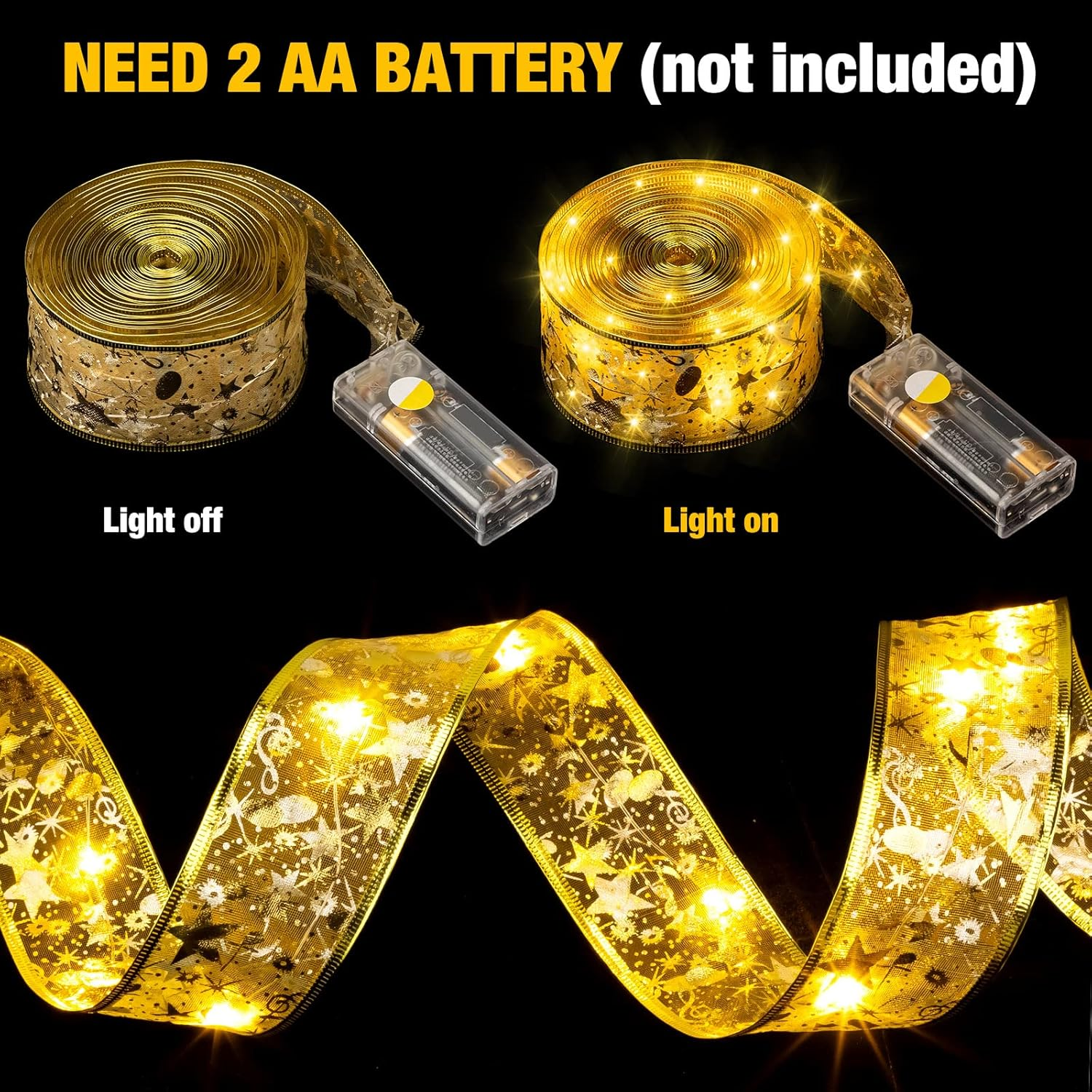 Tuanse 5 Piece 82FT Christmas Ribbon Lights 250 LED Glow Ribbon Strings Lights Shining Ribbon Fairy Lights with Double Layer Copper Wire for Xmas Tree Indoor Outdoor Decor (Gold, Warm Light)