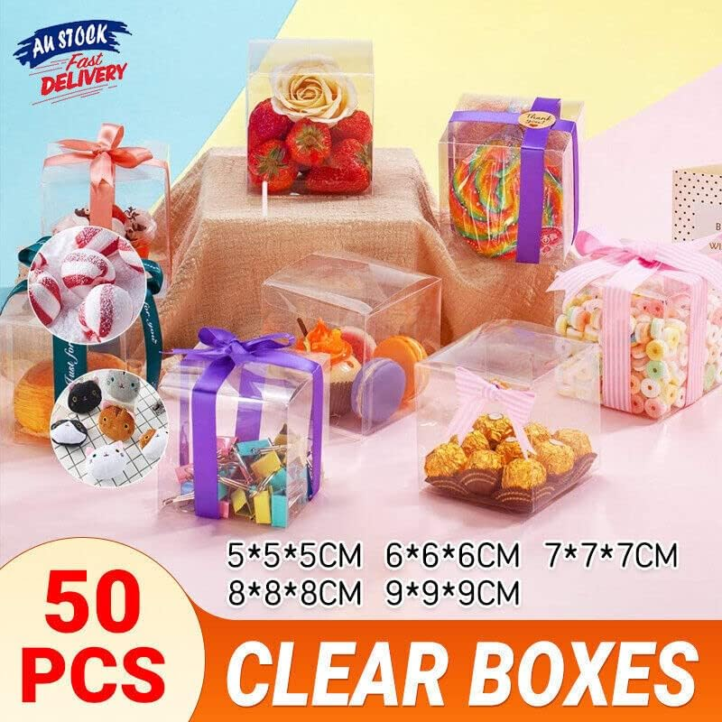 AIMALL 50 Clear PVC Macaron Boxes &ndash; Transparent Square Cube Favour Packaging for Wedding, Candy, Chocolate, Small Gifts, Flat Pack Easy Assembly image number 5