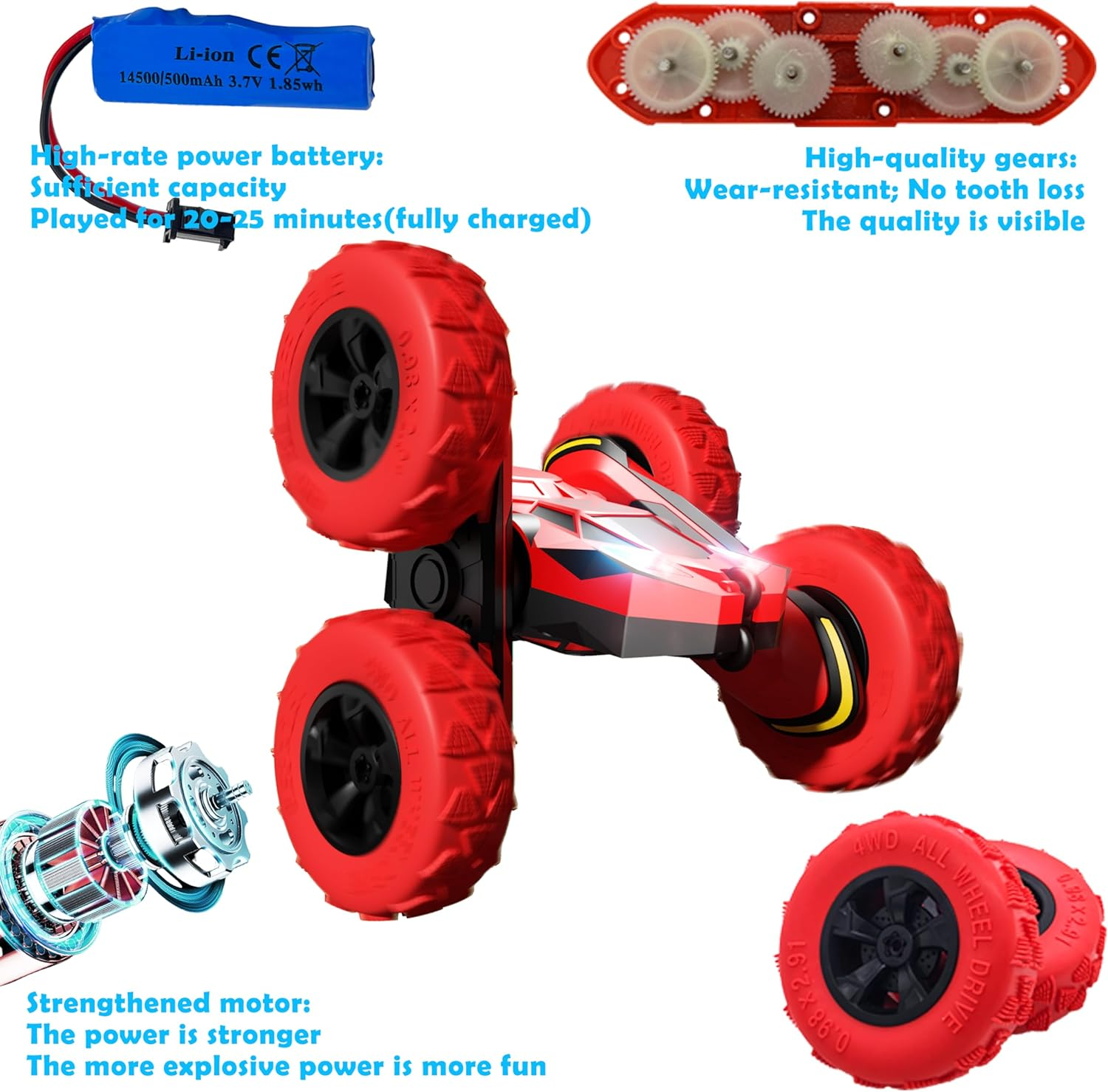 Threeking RC Stunt Cars Remote Control Car with Lights Double-Sided Driving 360-Degree Flips Rotating Car Toy Gifts Presents for Kids Ages 6+, Red - Red image number 3