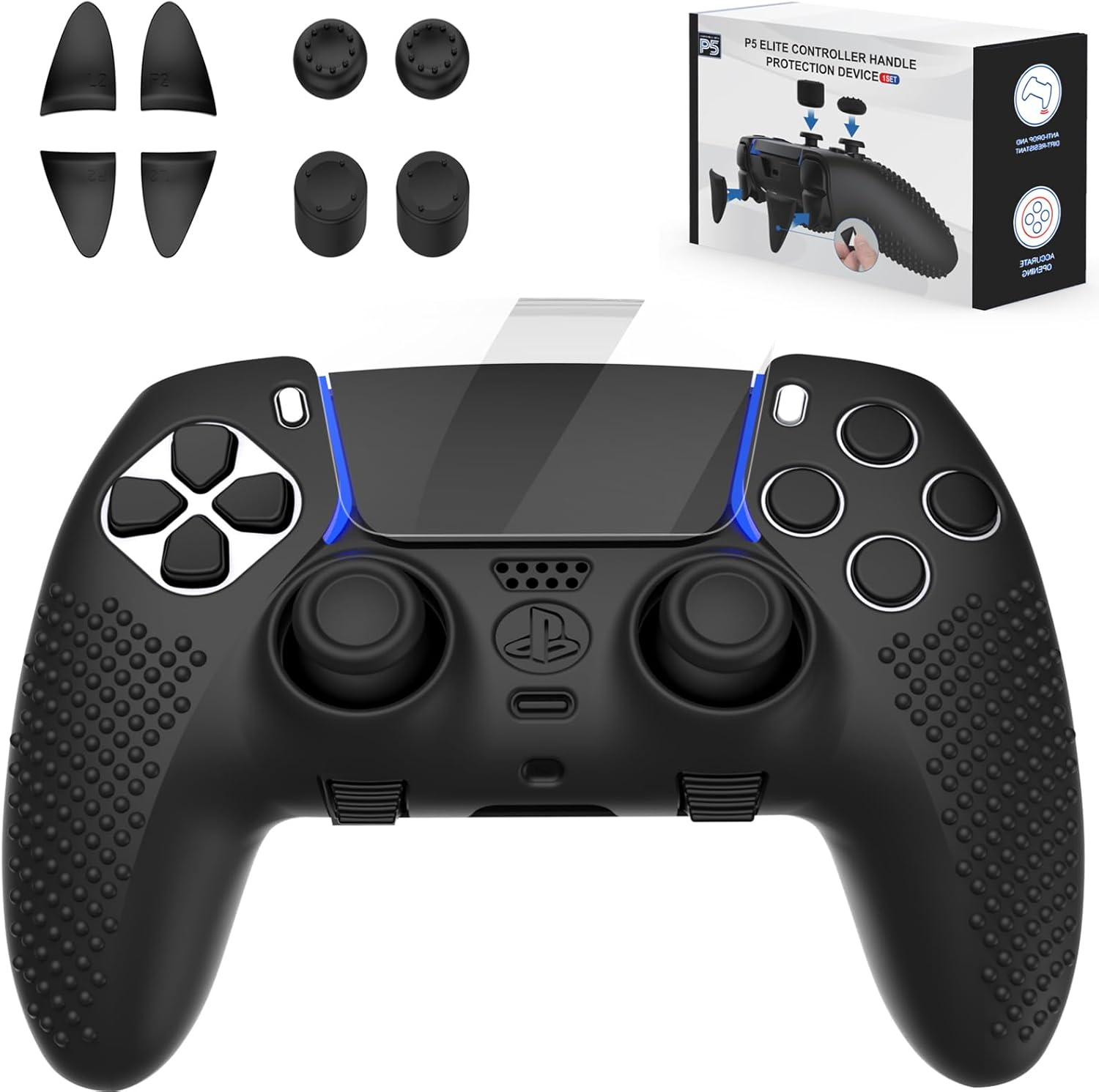 Anti-Slip Cover for PS5 Dualsense Controller, Accessories Including Cover for Dualsense Edge, Thumb Caps, Triggers Extenders, and Touchpad Sticker image number 1