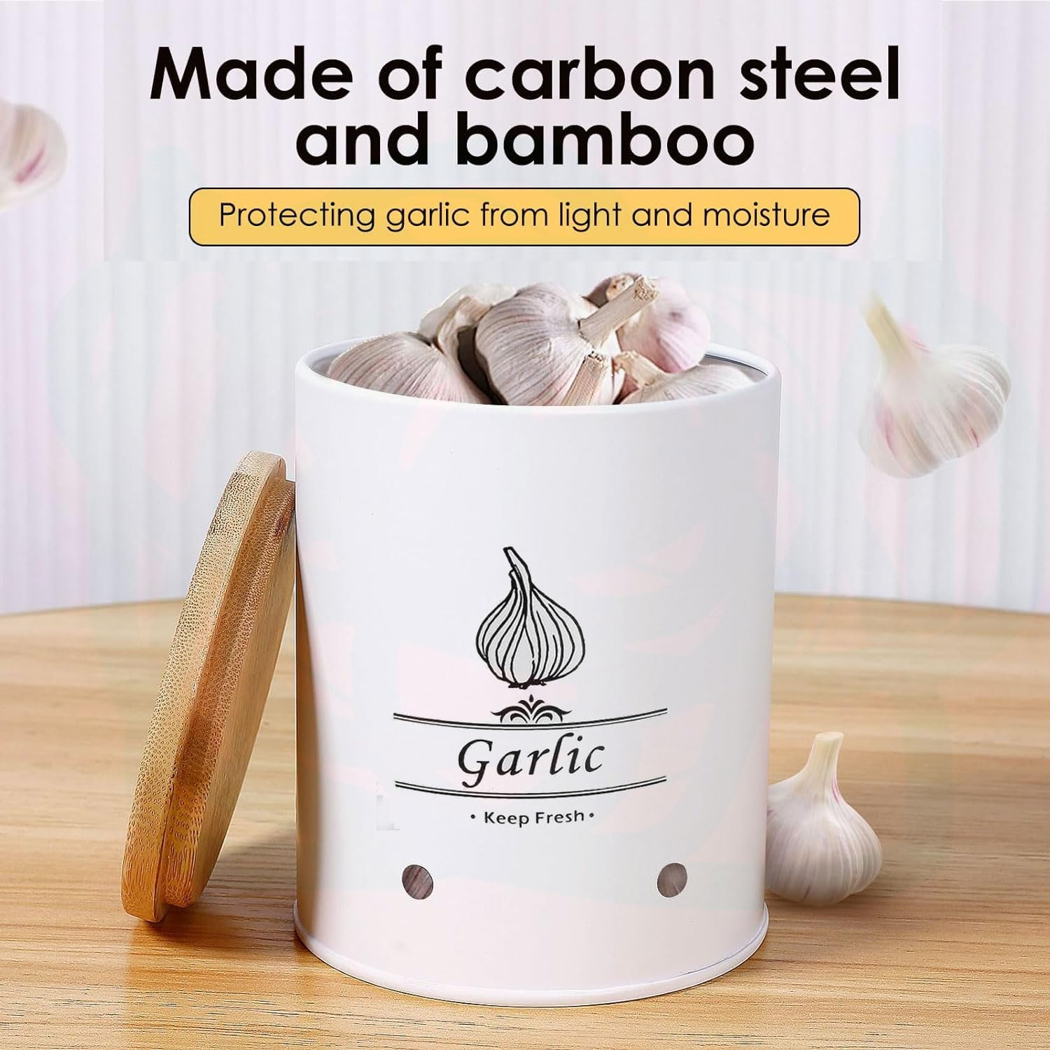 Large Ceramic Garlic Keeper, with Wood Lid Ventilated Garlic Storage Container Garlic Storage Container for Counter Garlic Storage Box Large Capacity Garlic Saver for Kitchens (White) image number 3