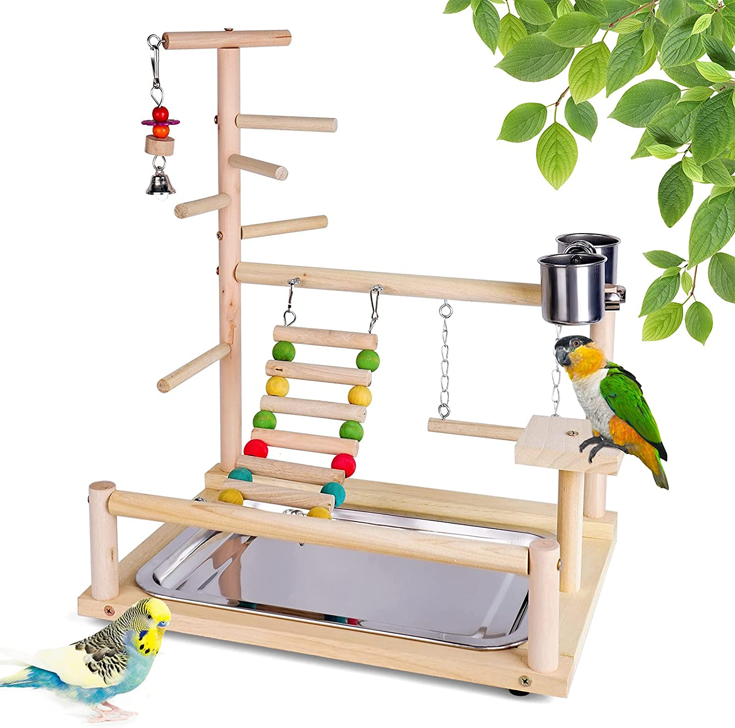 Bird Play Stand, Wooden Bird Playground for Parrots, Parakeet, Cockatiel, Lovebirds, Conures, Budgie, Cockatoos (14.57 * 10.24 * 17.32IN)
