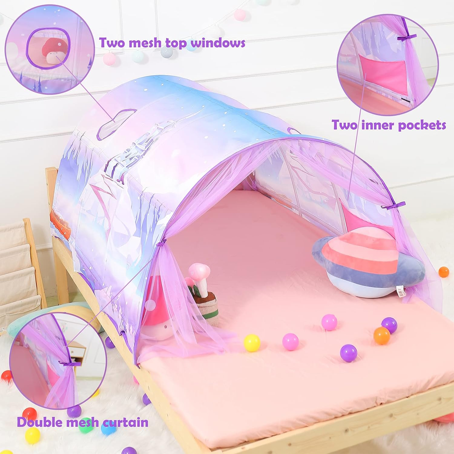 Bed Tent for Kids Toddler Foldable Game House Children Play Tents Breathable Cottage Combination Sleeping Canopy Playhouse Double Net Curtain with Storage Bag,(Bed Tent-Castle) image number 4