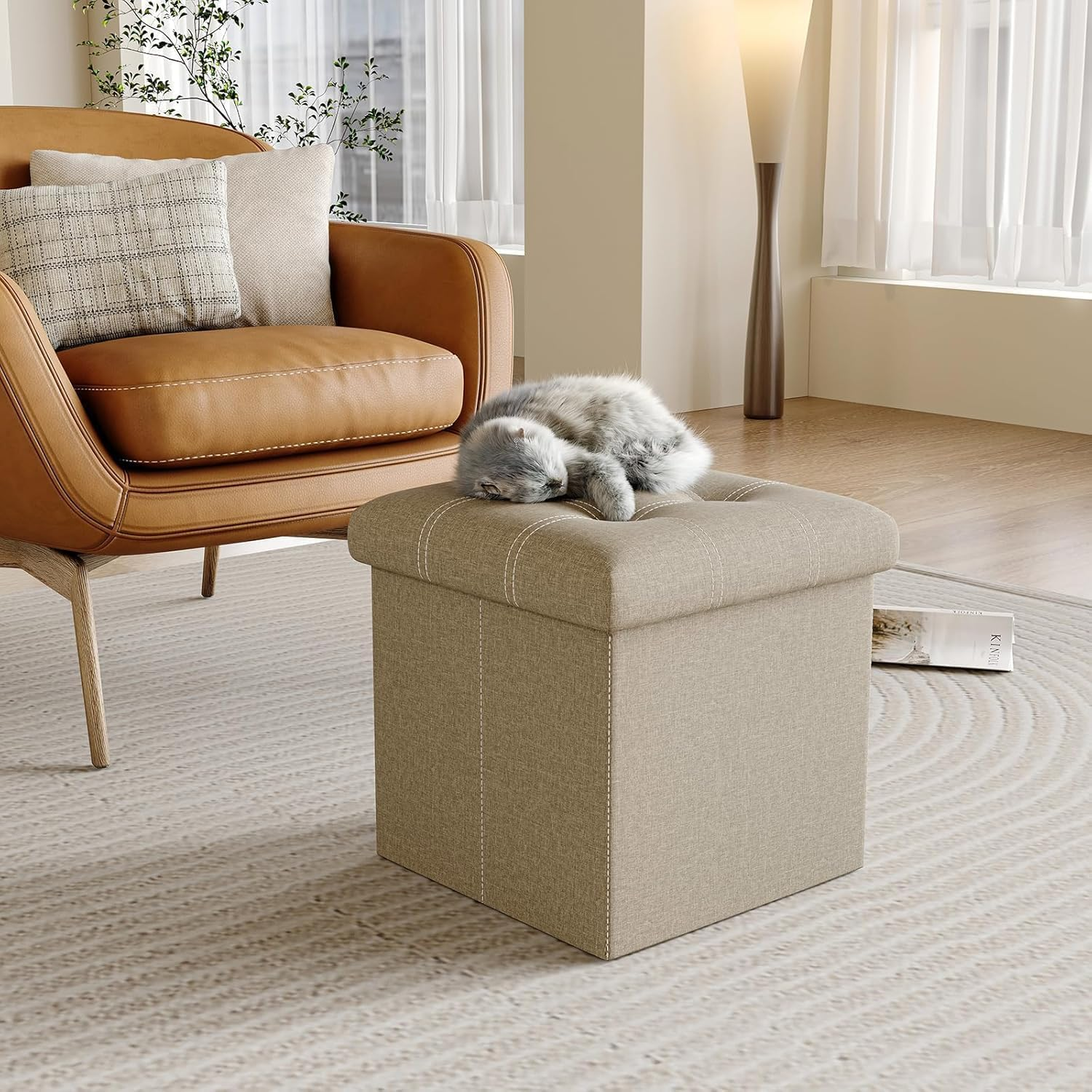 Mofish 15/30 Inch Folding Storage Ottoman Bench,Storage Chest Footrest Step Stool with Padded Seat for Bedroom Hallway Living Room, End of Bed Storage Seat, Linen Fabric