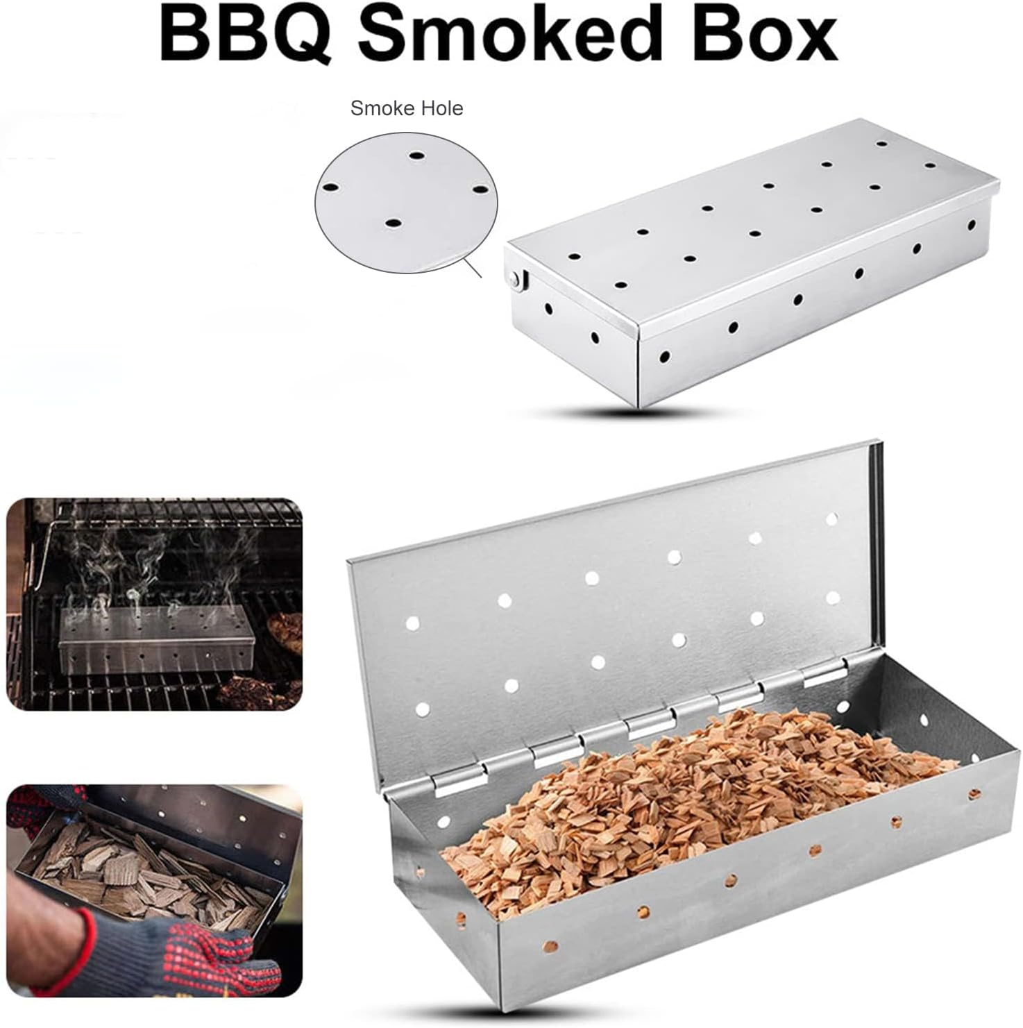 Smoker Box for Wood Chips,Pellet Smoker Tube,Stainless Steel Smoke Box for Cold or Hot Smoking,Add Smoked BBQ Flavor,Hinged Lid,Warp Free Grill Accessories,Use a Gas or Charcoal BBQ Grill image number 1