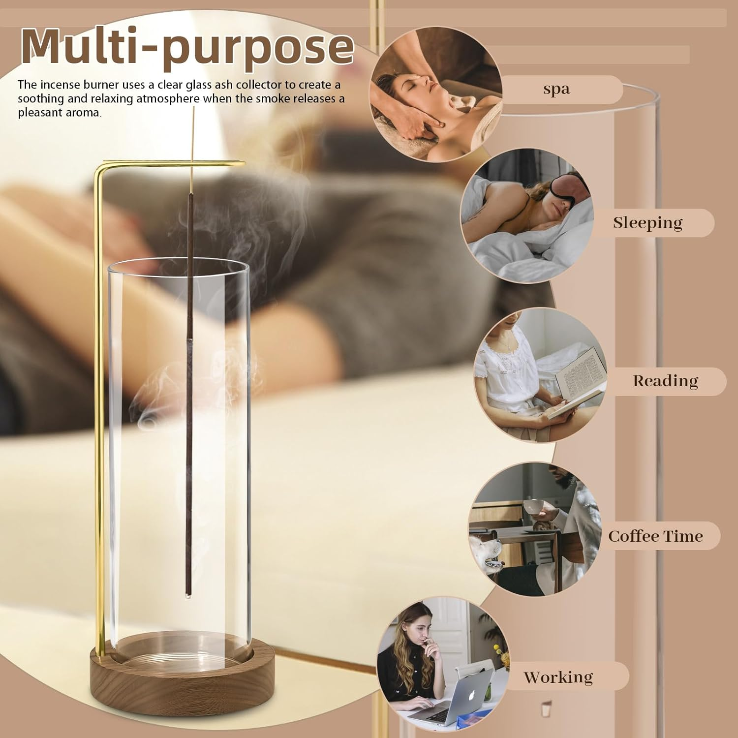 Wooden Incense Holder with Glass, Incense Stick Holder with Ash Catcher, Modern Incense Burner for Home Decor Yoga Meditation (Circular) image number 1