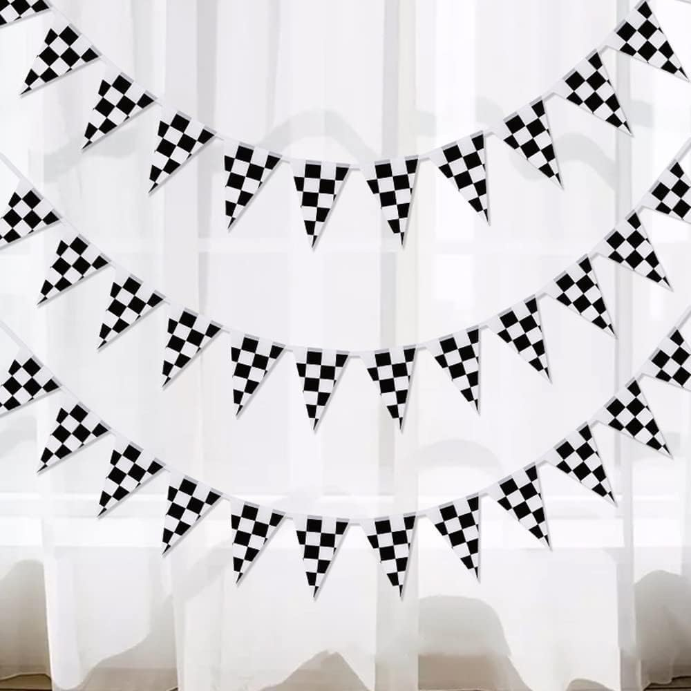 48Pcs Black White Lattice Checkered Flag Bunting Banner, Betterjonny 4 Pack Reusable Pennant Banner Triangle Racing Flag Bunting Pennant Banner for Party Christmas Birthday Bedroom Decoration - B-White Lattice image number 3