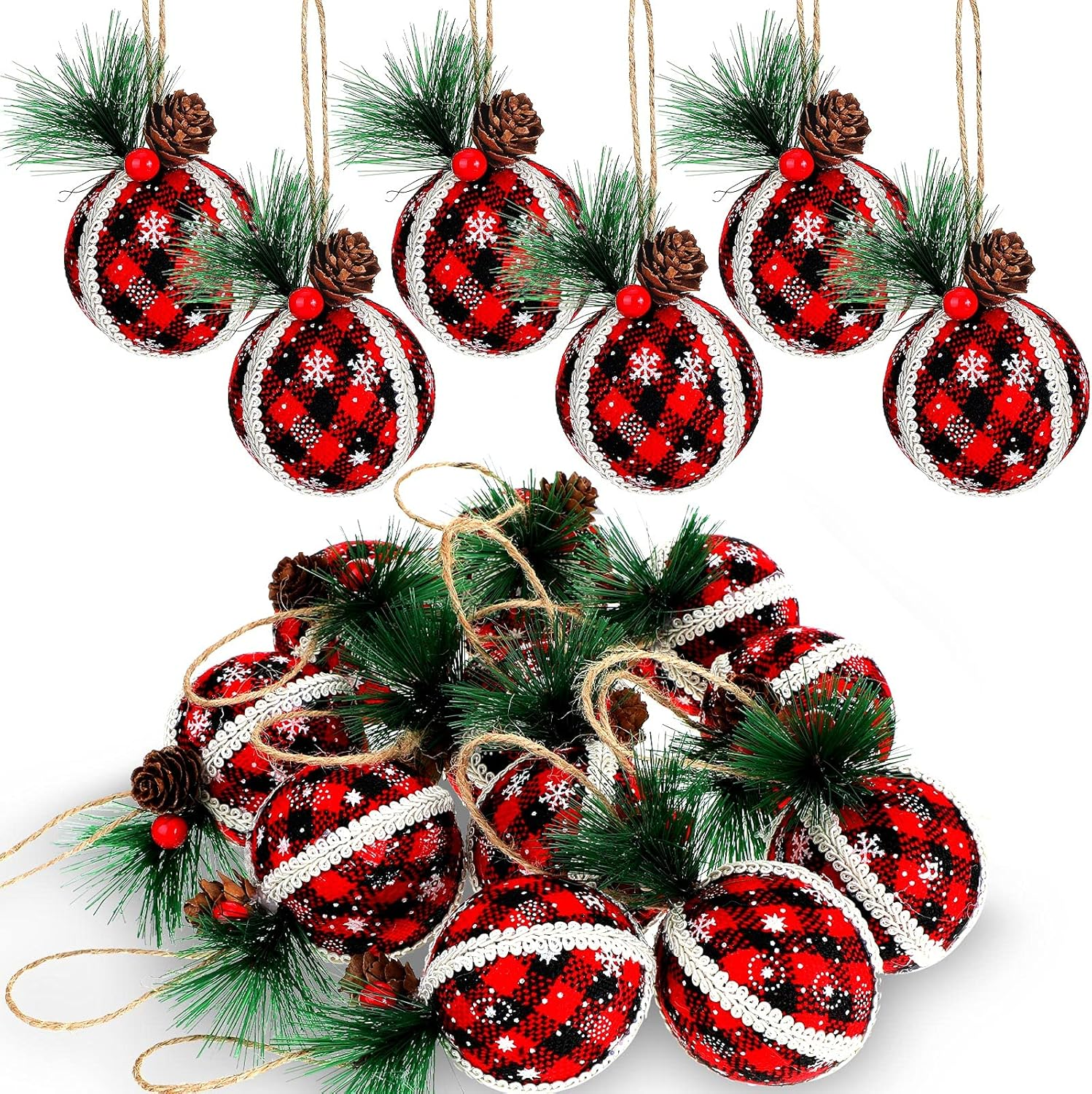 12 Pieces Christmas Buffalo Plaid Ball Ornaments Plaid Burlap Ornament Foam Christmas Ball Ornaments Christmas Hanging Indoor Ornaments for Christmas Party Anniversary Decorations image number 6