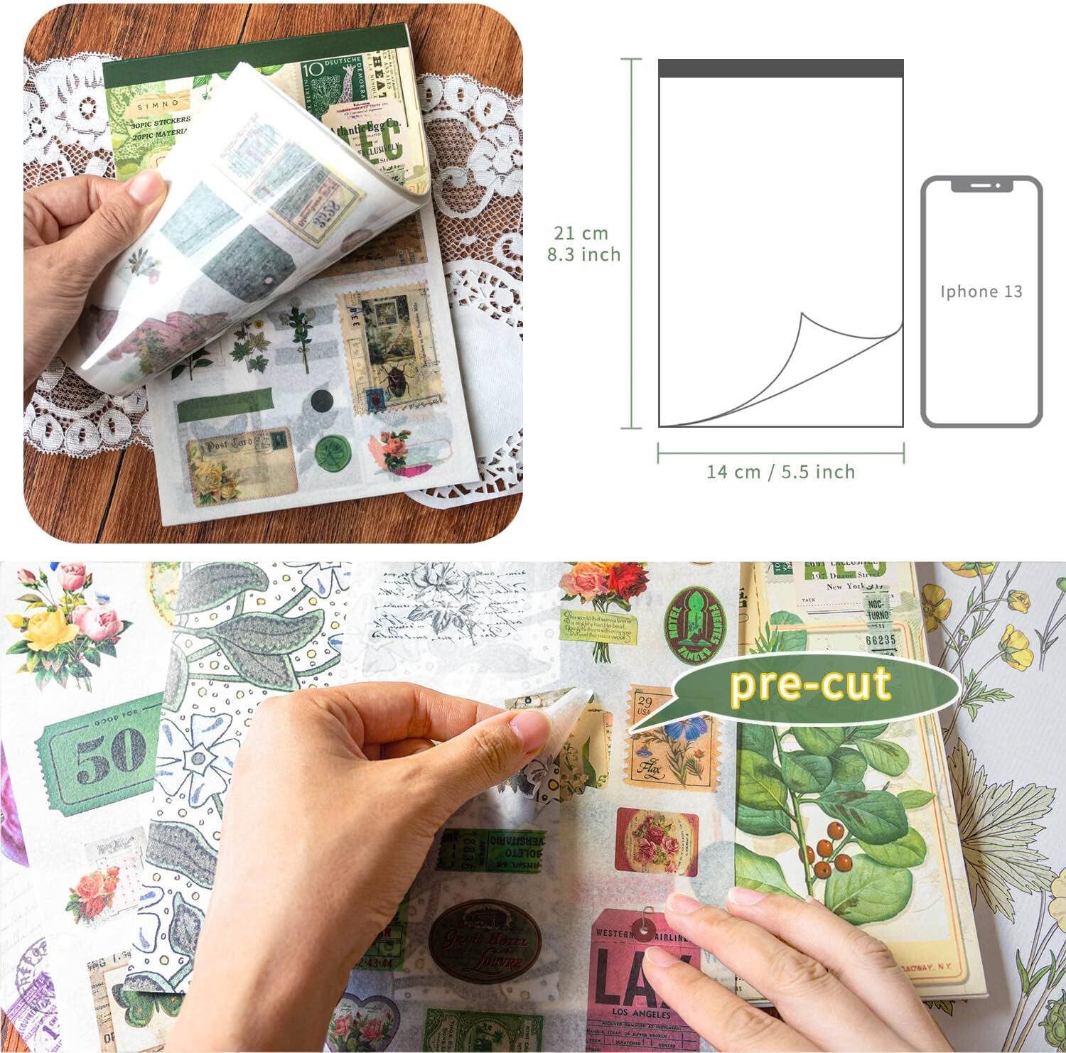 50 Pages Vintage Scrapbook Sticker and Scrapbook Paper Decorative Washi Sticker Retro Decoupage Paper Sticker Book for Adults Scrapbook Supply for Journaling Card Making Handicraft Collage (Lime)