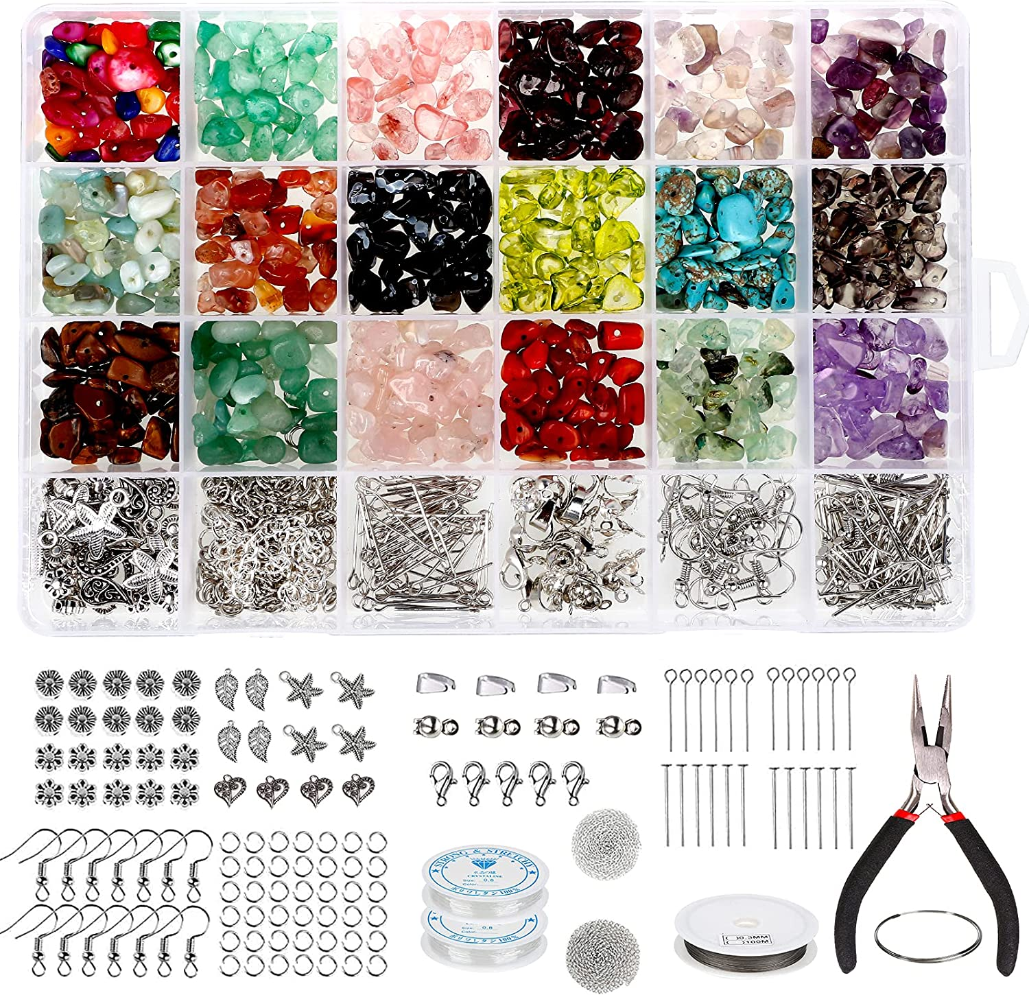 1150Pcs Crystal Jewellery Making Kit, 18 Colors Chip Gemstone Beads, with Irregular Natural Stone, Jewellery Wire, Pliers and Box, for DIY for Earring Necklace Bracelet Making