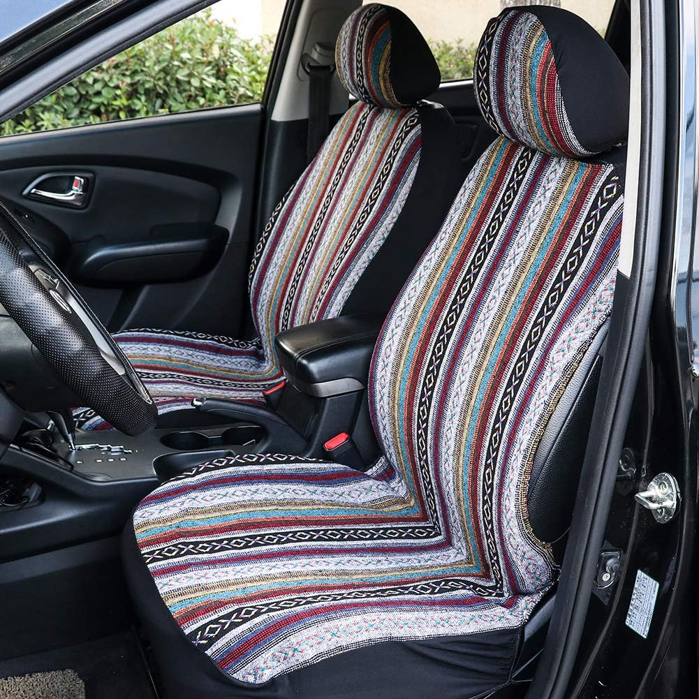Car Seat Cover Baja Saddle Blanket 4PCS Front Striped Multicolor, Hippie Boho Seat Cover Universal Fit for Toyota, Honda, Nissan, Chevy, Rav4 Car Suvs Truck with Airbag Compatible