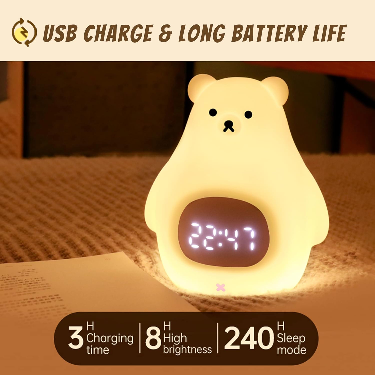 Bear Night Light, Cute Kids Alarm Clock, Soft Bpa-Free Silicone Portable Nursery Lamp, Children USB Rechargeable Nightlight for Girls Boys Toddler Birthday Gifts Bedroom Room Decor image number 5