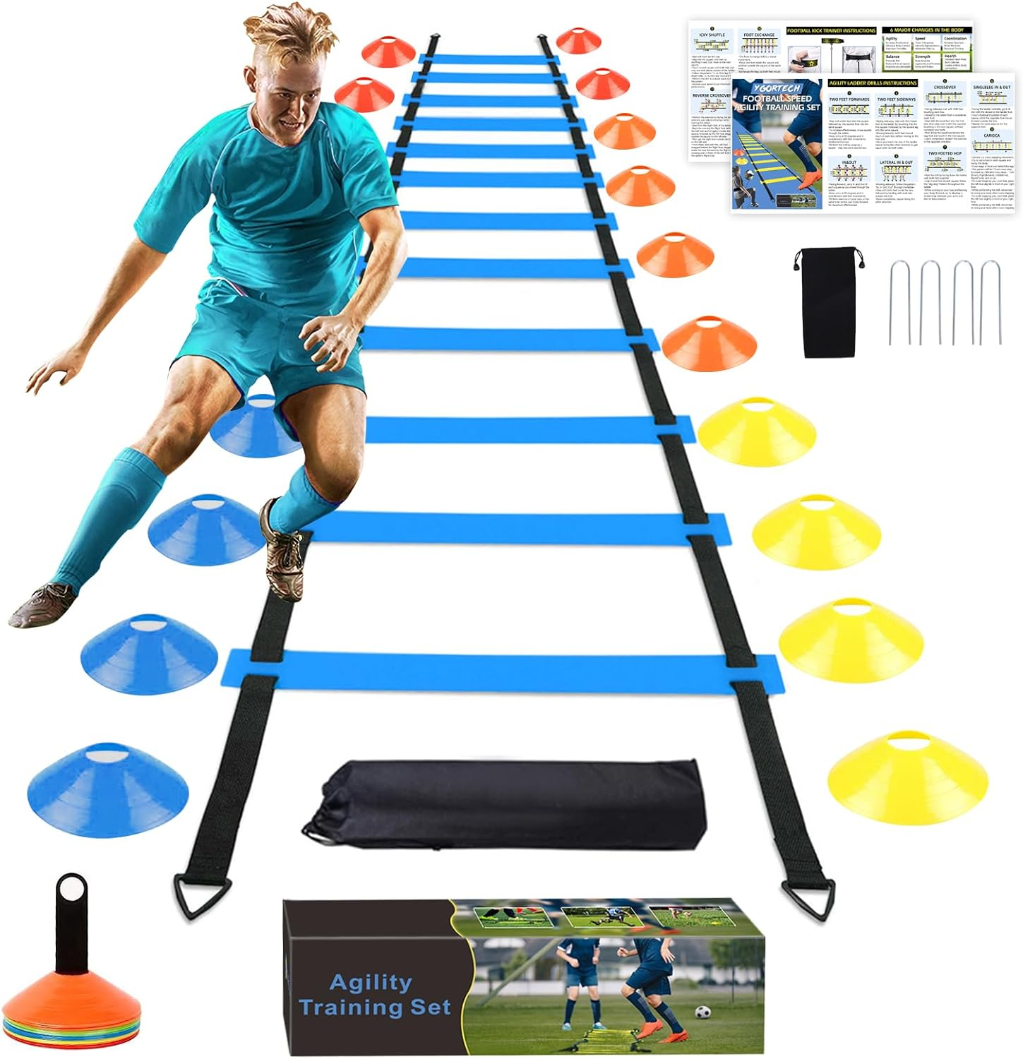 Football Training Equipment for Kids, Speed Agility Training Set, Agility Ladder 12 Rung 6M, Football Kick Trainer, 12 Disc Cones, Football Training Kit Gifts for Boys