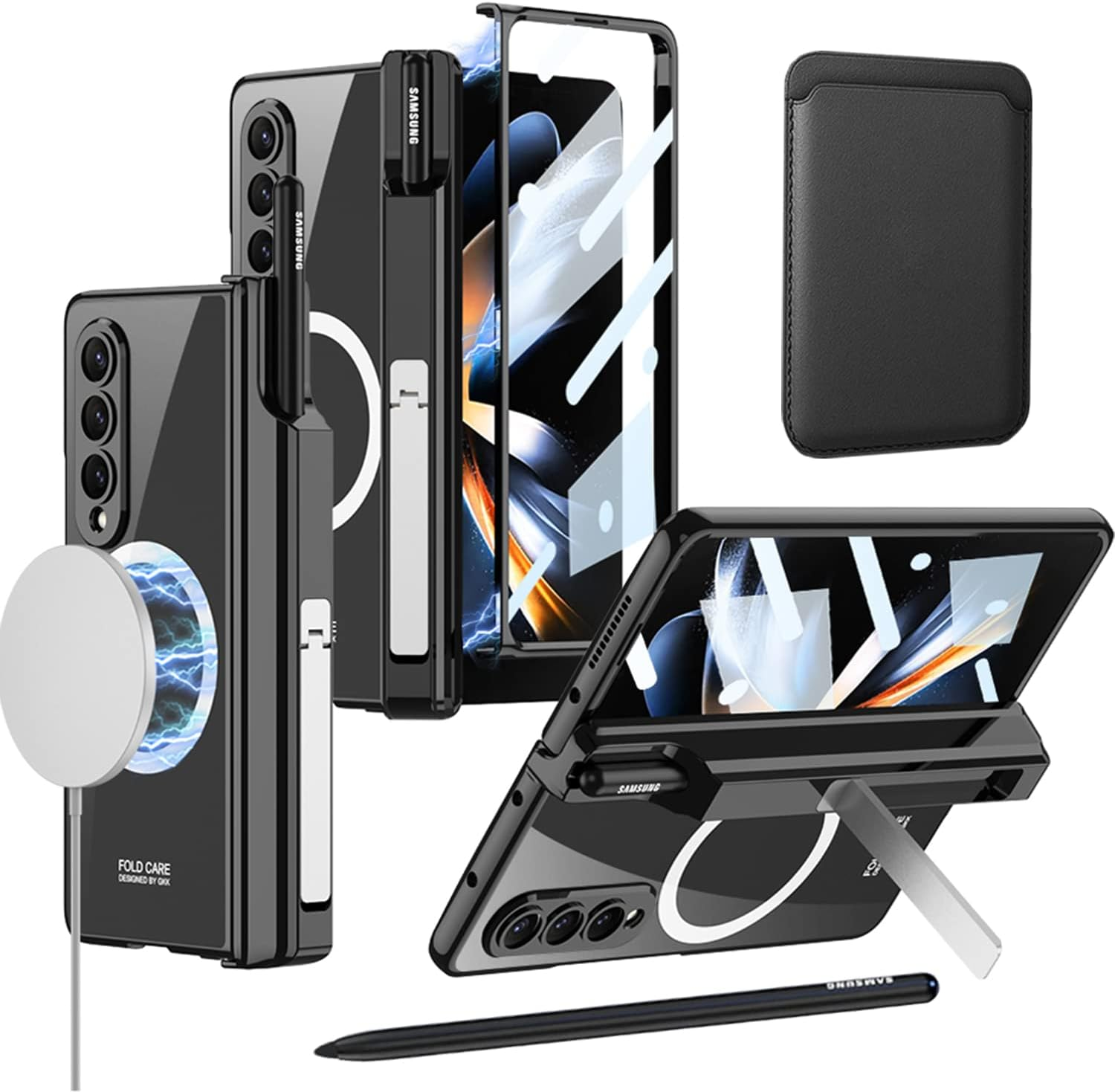 For Samsung Z Fold 4 Magsafe Case【With S Pen Fold Edition】&Card Holder,Hinges Protect the Built-In Pen Holder,With Screen Protector and Stand, Clear Black Edge Case for Galaxy Z Fold 4