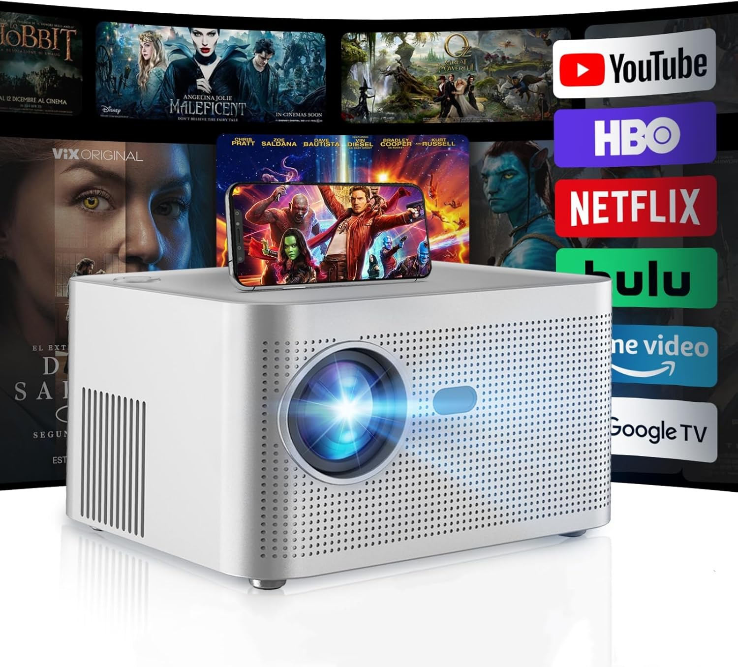 Advwin Mini Projector 4K Support, Full HD 1080P Portable Video Projector, with Dual Band Wifi 6 BT5.4, 200 ANSI, 270&deg; Rotatable, Auto Focus & Keystone, 130" Movie Projector for Phone/Windows/Hdmi