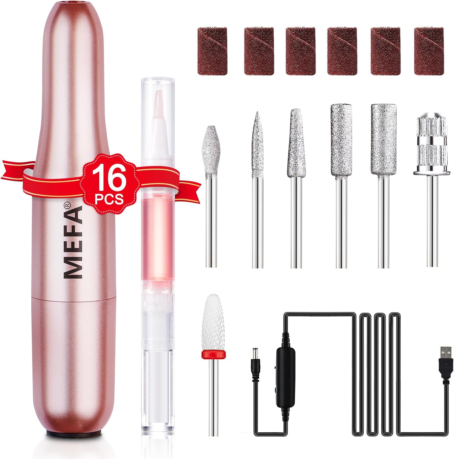 MEFA Nail Drill, 16 PCS Kit Electric Nail Drill with Nail Drill Bits & Cuticle Oil Pen, Portable Electric Nail File Professional, 20000RPM Manicure Pedicure Nail Set Efile Nail Drill for Home Salon image number 4