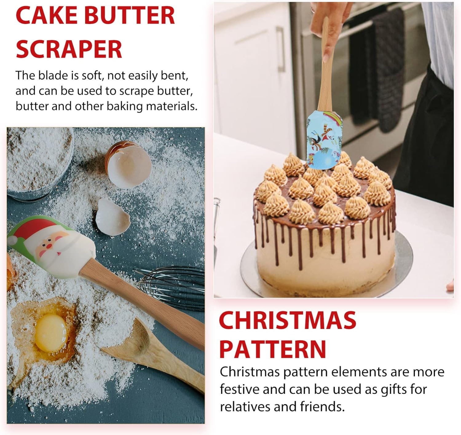 4Pcs Christmas Spatulas for Baking,Christmas Spatula Set Kitchen Christmas Silicone Spatula Set with Wooden Handle for Baking Cooking and Christmas image number 3