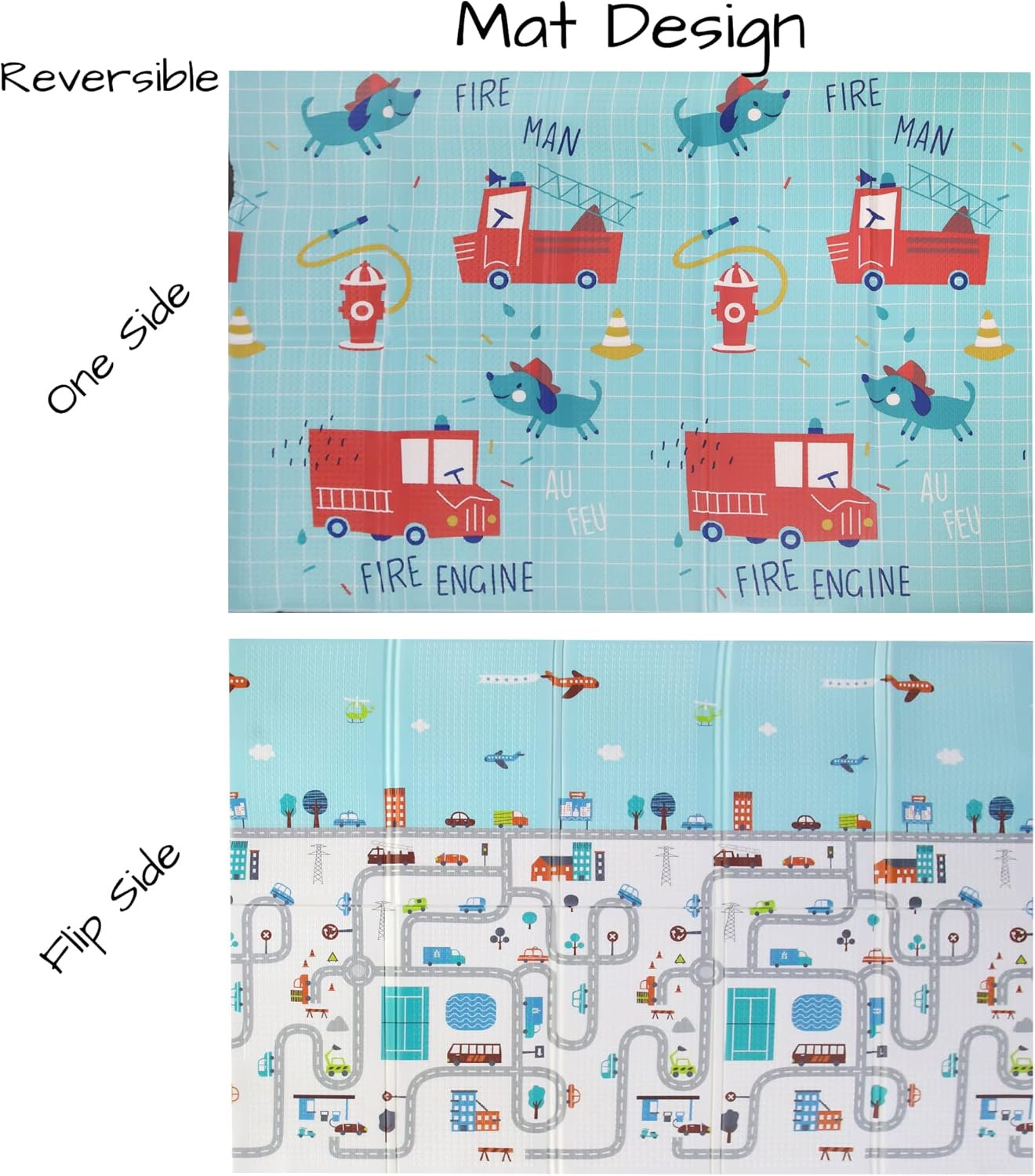 Baby Play Mat & Gym Mat Large XPE Foam Kids Playmat Soft Waterproof Padded Floormat 2Mx1.5M Foldable Reversible Also Suitable as Rug for Playpen with Free Storage & Travel Carry Bag; Fire Engine Design on 1 Side and Road Track Design on the Flip Side image number 5