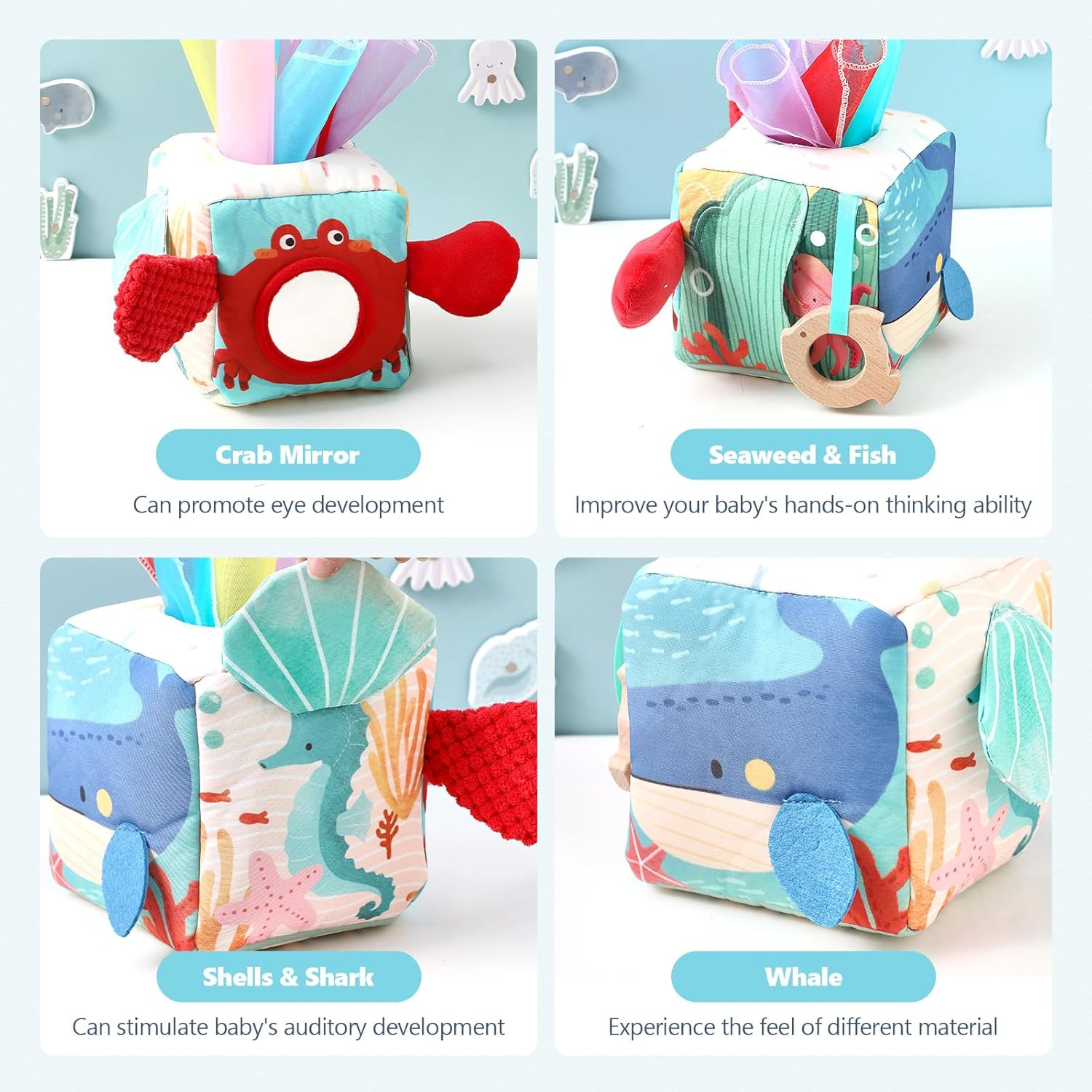 Promise Babe Baby Tissue Box Toy for Toddler 6-12 Months - Montessori Toys Baby Tissue Box Sensory Toys to 1 Year Old - Kids Boy Girl Gifts for Babies 6 12 18 Months Old (Ocean) image number 2