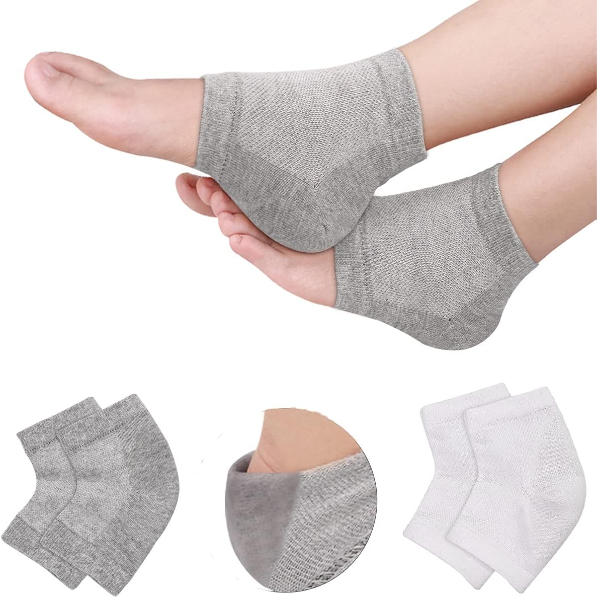 Moisturizing Heel Socks 4 Pairs Gel Lined Toeless Spa Socks to Heal and Treat Dry, Cracked Heels While You Sleep(Black+White+Purple+Pink) image number 4