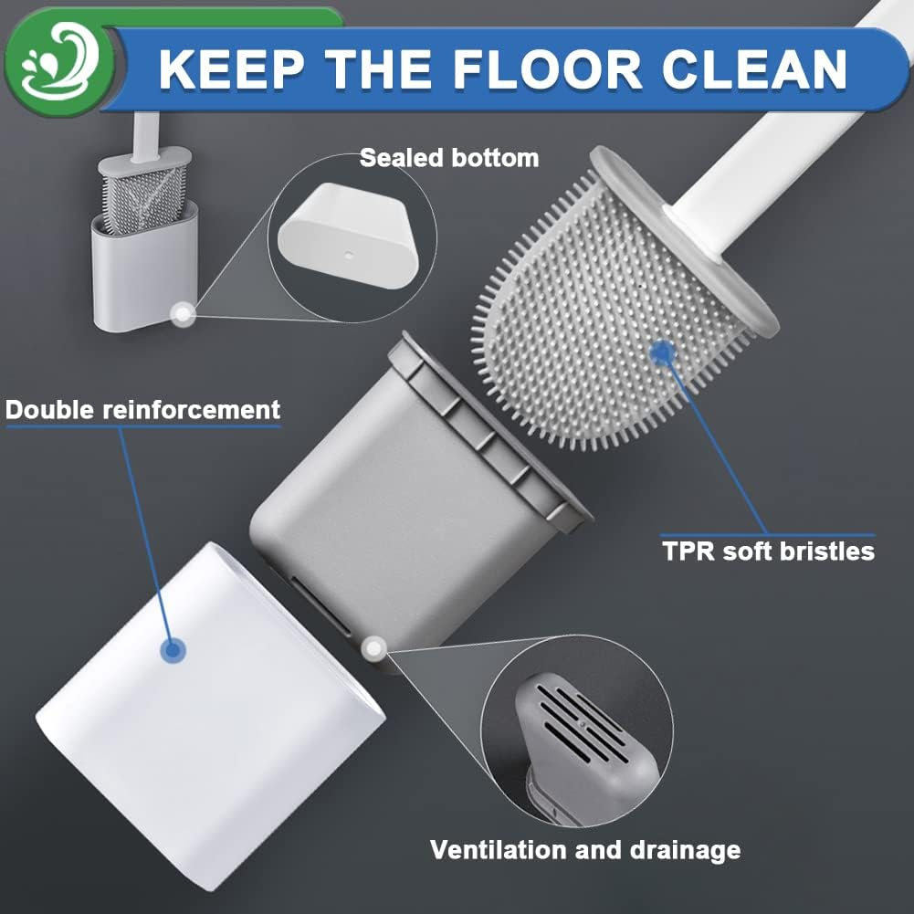 XUXRUS Silicone Toilet Brush with Quick Drying Holder Set -2Pack, Bathroom Toilet Brushes Set with No-Slip Silicone Handle & Anti-Drip Base (Flooring/Wall Mounted) -White image number 1