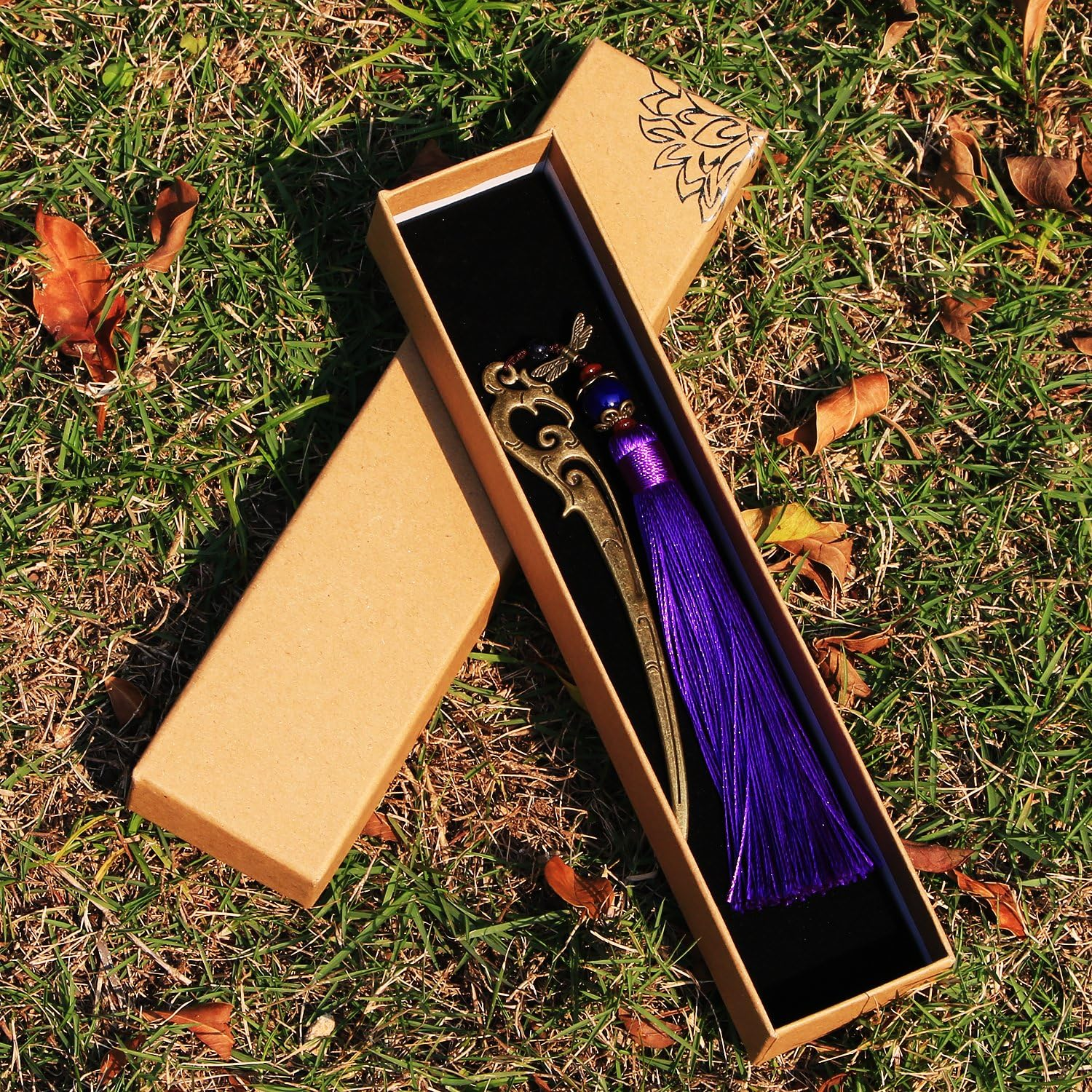 Chinese Metal Bookmarks with Tassel, Vintage Bookmark Unique Classical Ancient Chinese Hairpin Bookmark with Handmade Silky Tassel for Book Lovers Unique Gift - Purple image number 3