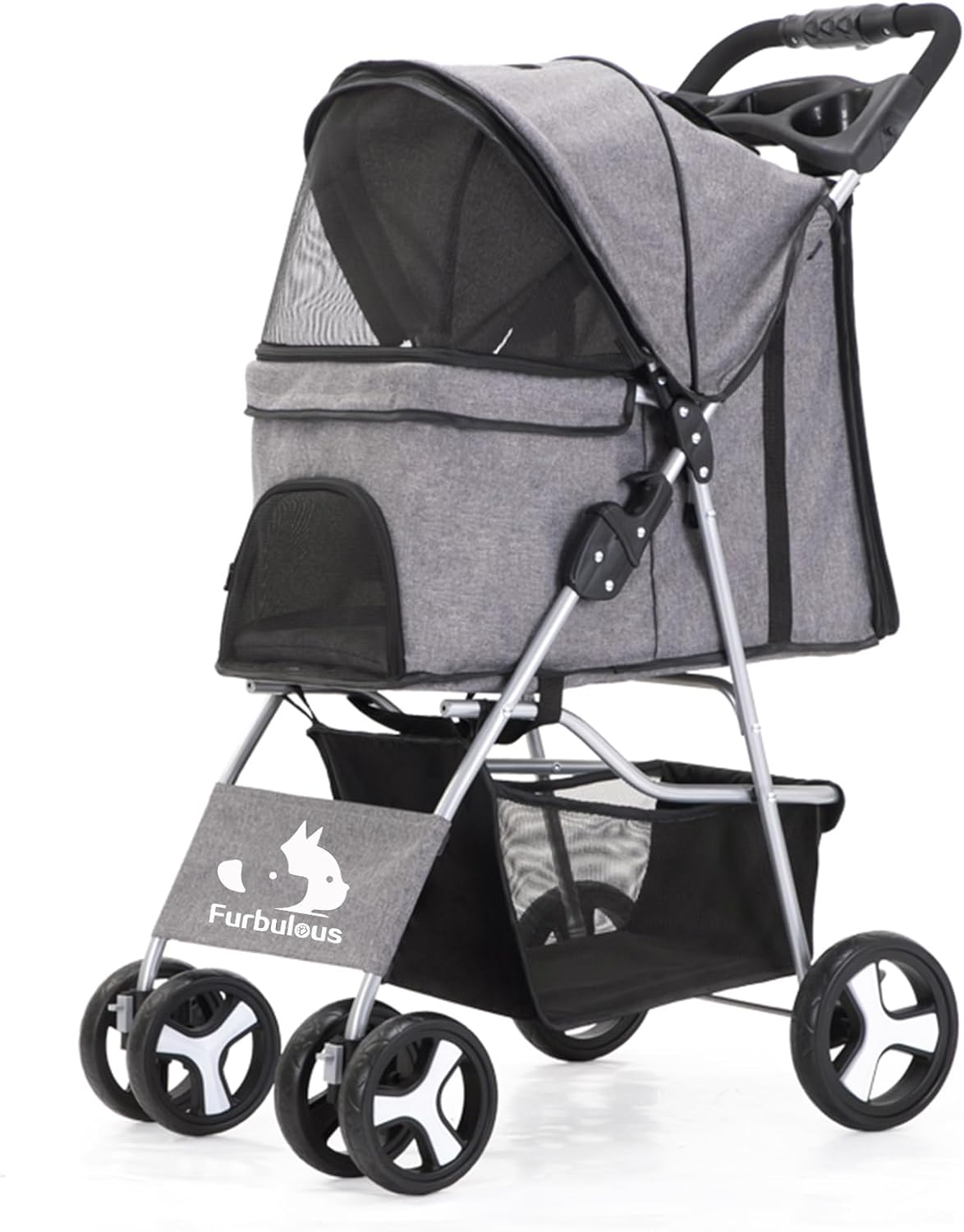 FURBULOUS Pet Dog Stroller, 4-Wheel Foldable Cat Dog Stroller with underneath Storage, Easy to Fold & Unfold, Cup Holder Handle 360&deg; Front Wheel Rear Wheel with Brake for Small Pets - Grey image number 2
