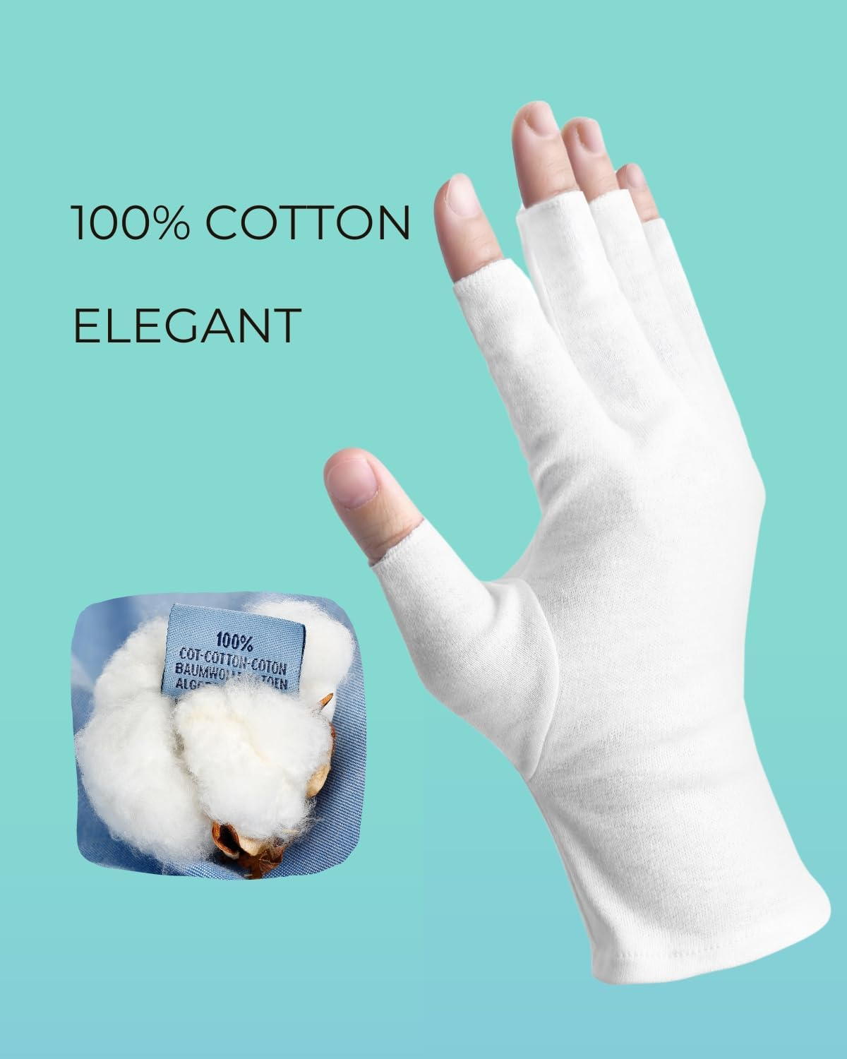 2 Pairs White Cotton Moisturizing Gloves &ndash; Fingerless Design with 5 Open Fingertips per Glove &ndash; 100% Cotton &ndash; Touchscreen-Friendly Night Gloves for Dry Hands