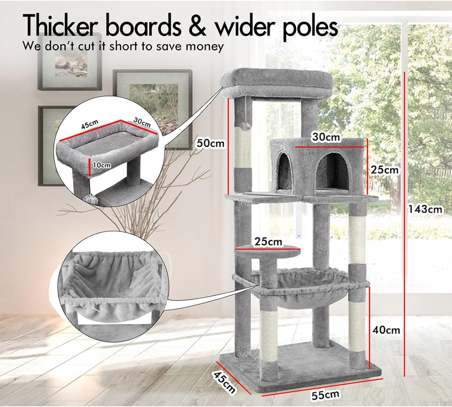 BEASTIE 143Cm Multi-Level Cat Tree Tower with Scratching Posts, Sisal-Covered Cat Condo Play House Wood Furniture with Plush Perch, Light Grey Cat Scratcher Tower for Kittens Climbing and Rest image number 3
