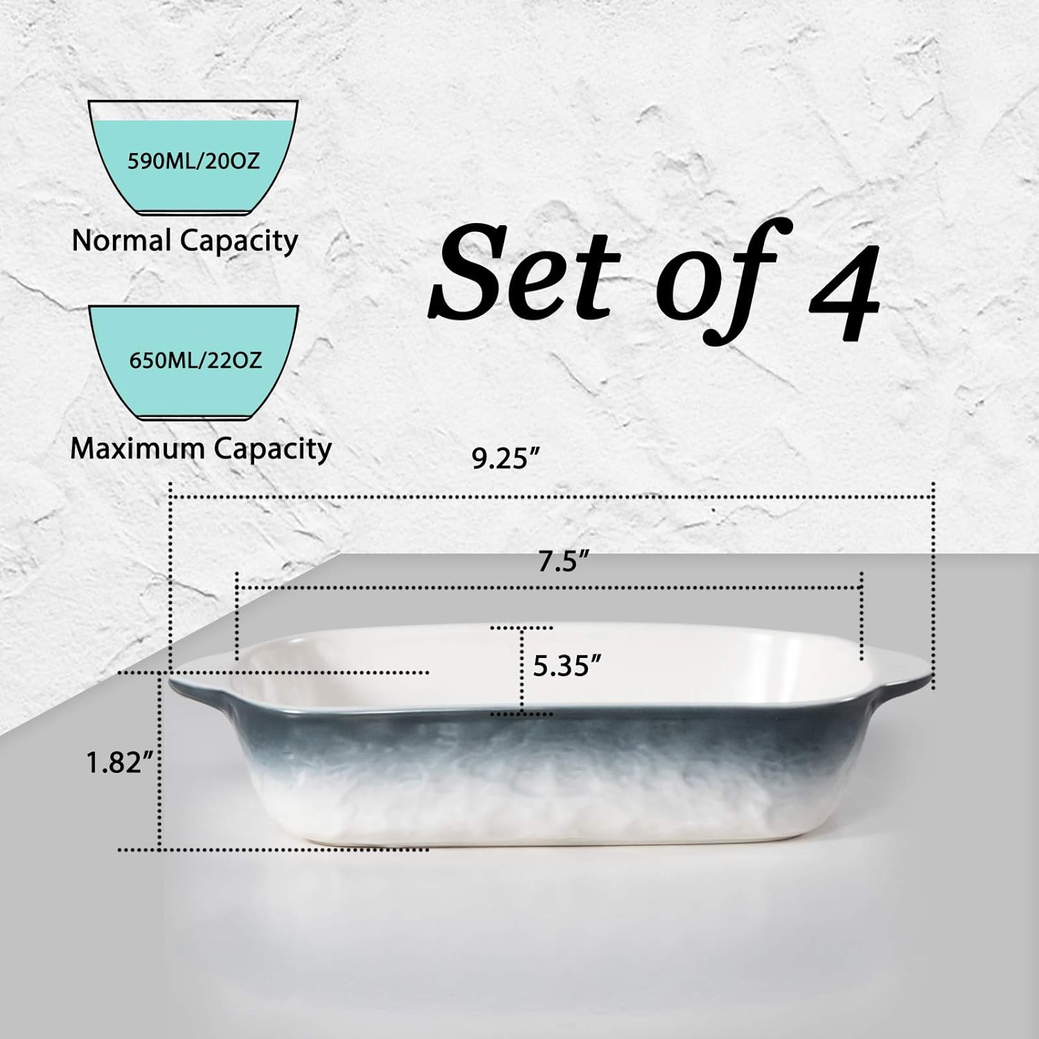 20Oz Small Ceramic Baking Dishes, 7.5L X 5.4W Inch Stone Embossed Pattern Bakeware with Double Handles, Individual Rectangular Baker for Lasagna, Casserole - Set of 4 (Gray) image number 3