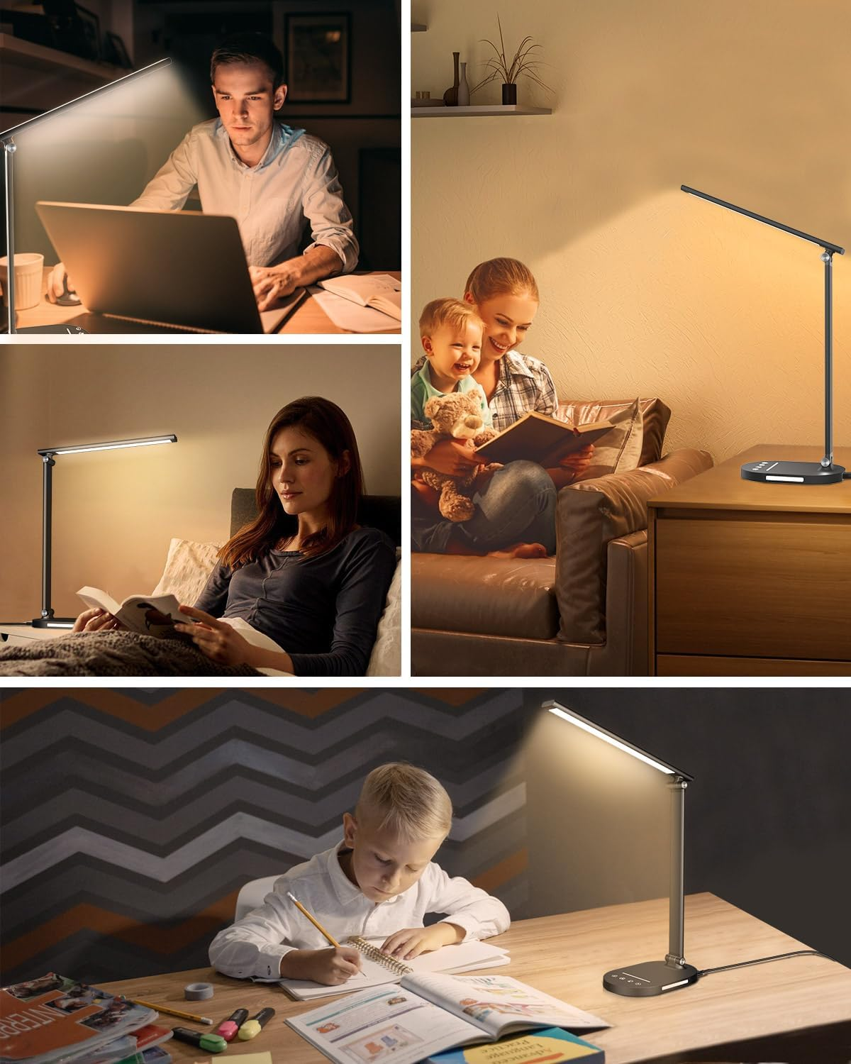 HASKARE Desk Lamp LED Dimmable Table Lamp, 5 Colour Modes and 5 Brightness Levels, Anti-Glare Eye Protection Desk Lamp, USB Charging Port, with 5V/2A Power Adapter - Schwarz image number 2