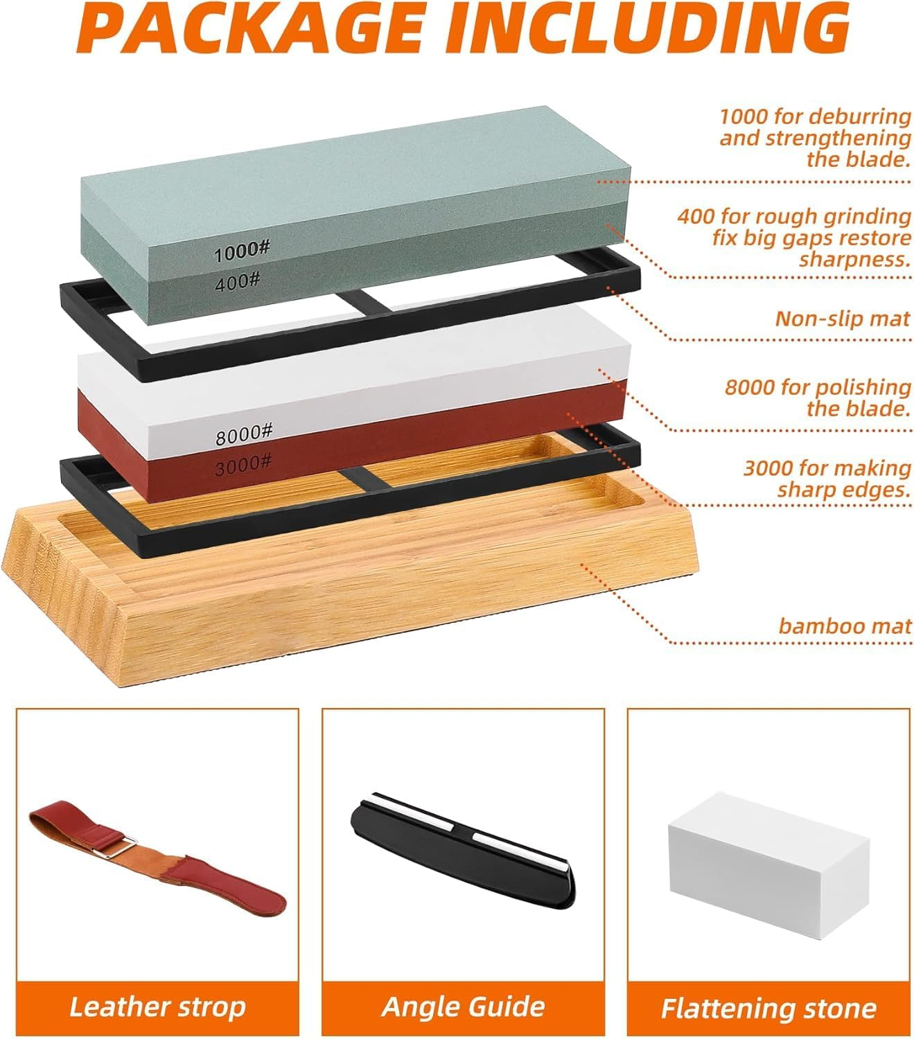 Knife Sharpening Stone with Non-Slip Rubber Base, 400/1000+3000/8000 Grit Premium Whetstone, Sharpening Stone Whetstone Set Kitchen Knife Sharpener Stone Wet Stones for Sharping(Nd-Z565-8) image number 3