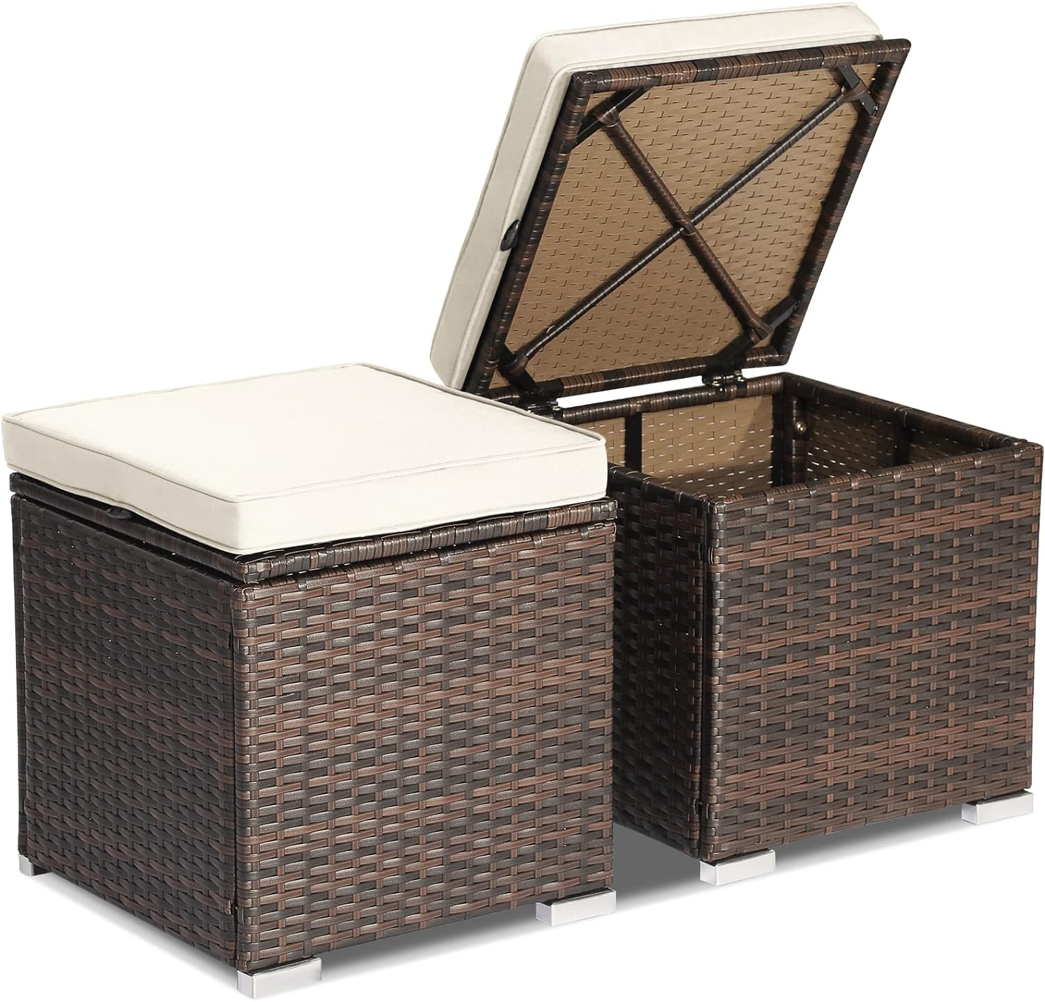Costway 2-Pieces Patio Ottomans, Outdoor Hand-Woven PE Rattan Side Table W/Removable Cushion & Hidden Storage Space, Footrest, Storage Box, Seat for Patio, Backyard, Poolside (White (Cushion)) image number 6