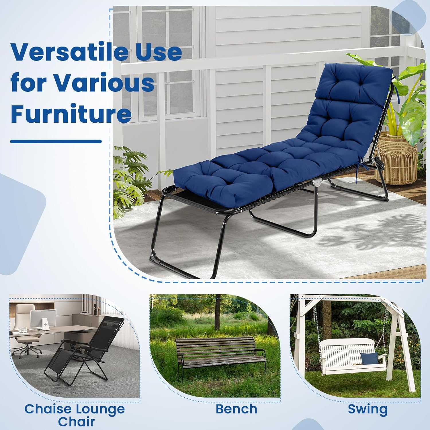 Costway Sunlounger Chair Cushion, High Back Recliner Cushion with 4 Fixing Ties, Thick Padded Reclining Chair Rocking Cushion for Outdoor Indoor (Only Cushion) (1, Navy, 186 X 56 X 11 Cm) image number 6