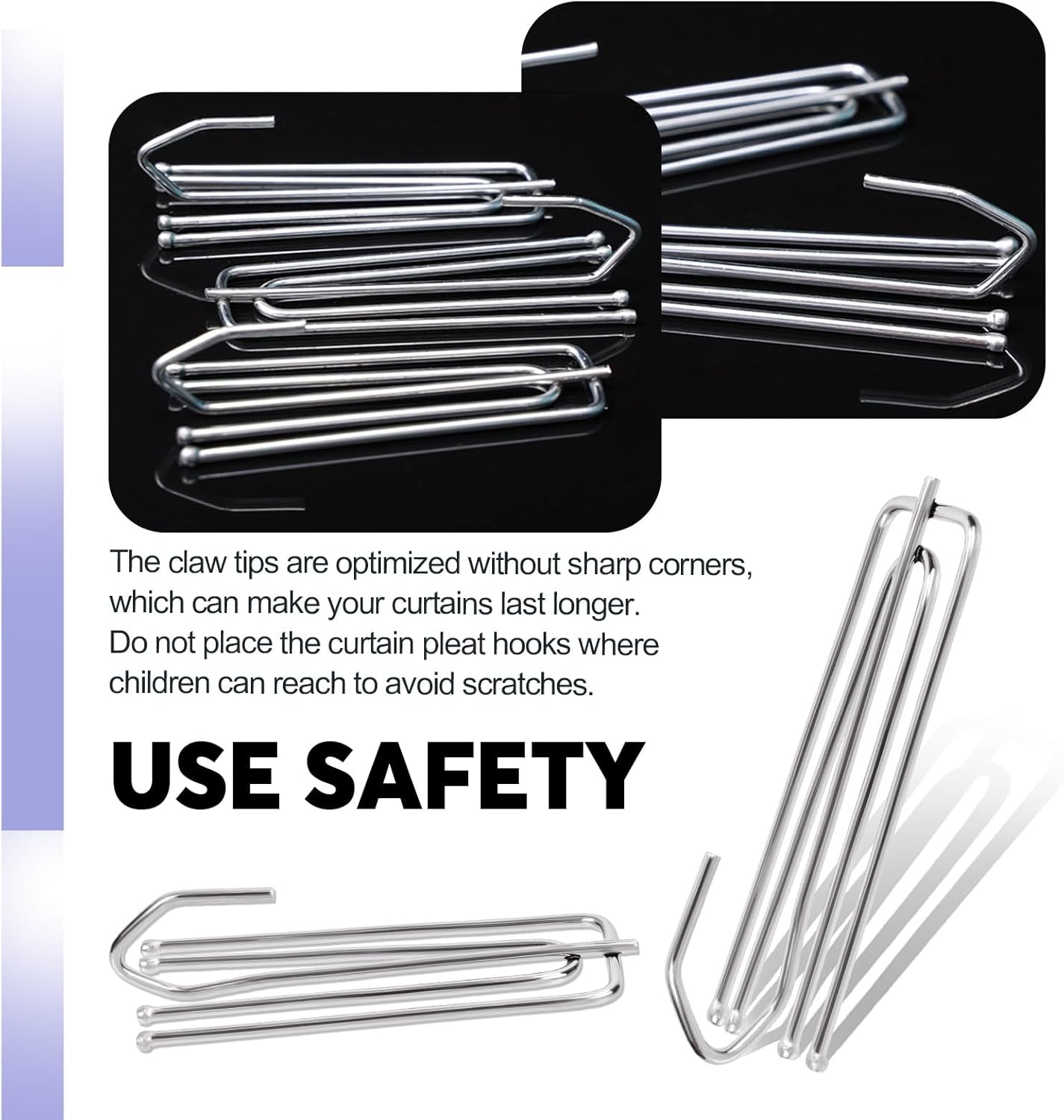 Swpeet 30Pcs Silver Stainless Steel Curtain Pleat Hooks,Drapery Hook and Pin for Pleated Drapes 4 Prongs Pinch Pleat Hook Clips, 4 End Curtains Hangers for Window Curtain, Door, Bathroom image number 2