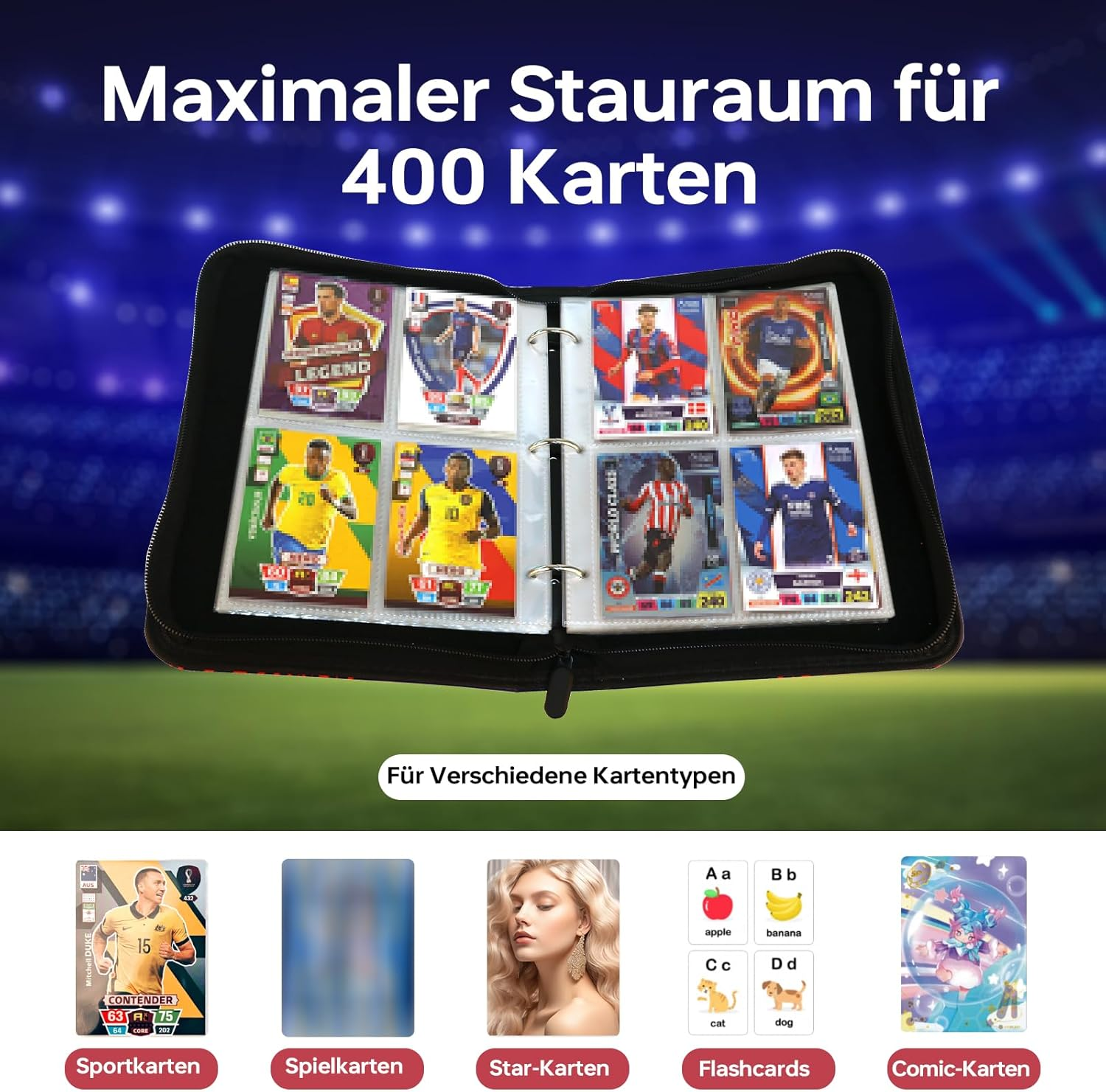 Football Scrapbook, 4 Pockets, Football Trading Cards, Album Folder with Zip, Carry Handle and 50 Sleeves for 400 Cards, 3-Ring Sports Cards, Book Folder, Collector'S Book Folder - Hld9 Blue image number 4