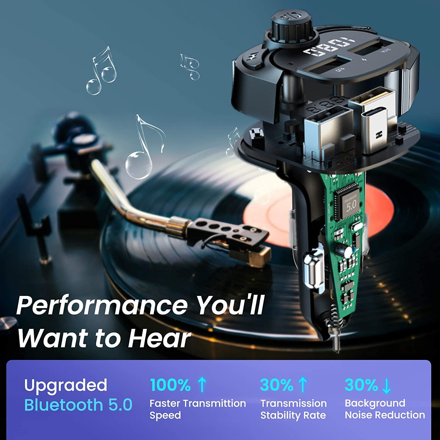 Bluetooth Car Adapter, Wireless FM Transmitter Radio Receiver Adapter Car Kit,With Dual USB Car Charging Ports, Hands Free Calling, Music Player Support TF/SD Card, USB Disk image number 6