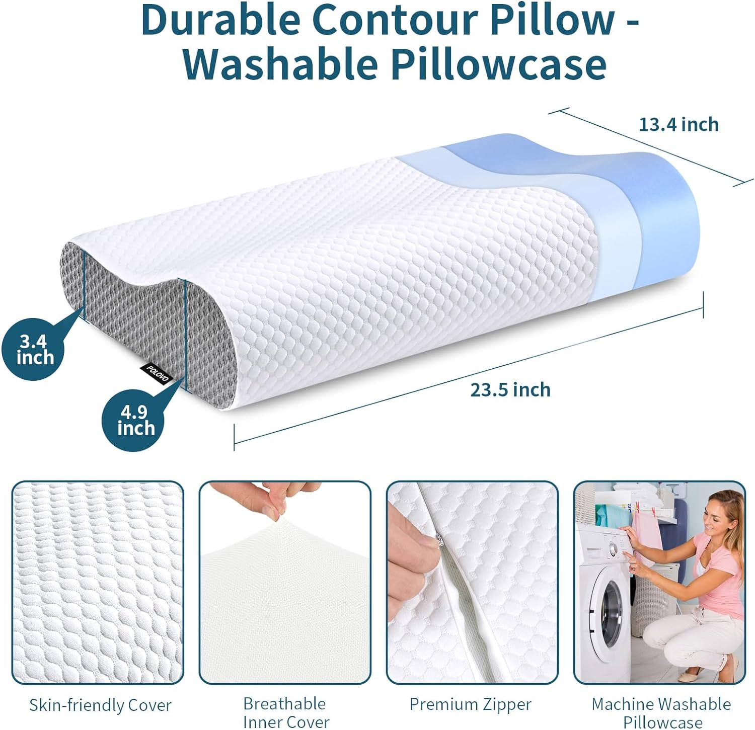 Polovo Neck Contour Memory Foam Pillows for Pain Relief Bed Pillow Sleeping, Ergonomic and Shoulder Pain, Orthopedic Cervical Side Back Stomach Sleeper, White&Grey, (KD220) image number 3