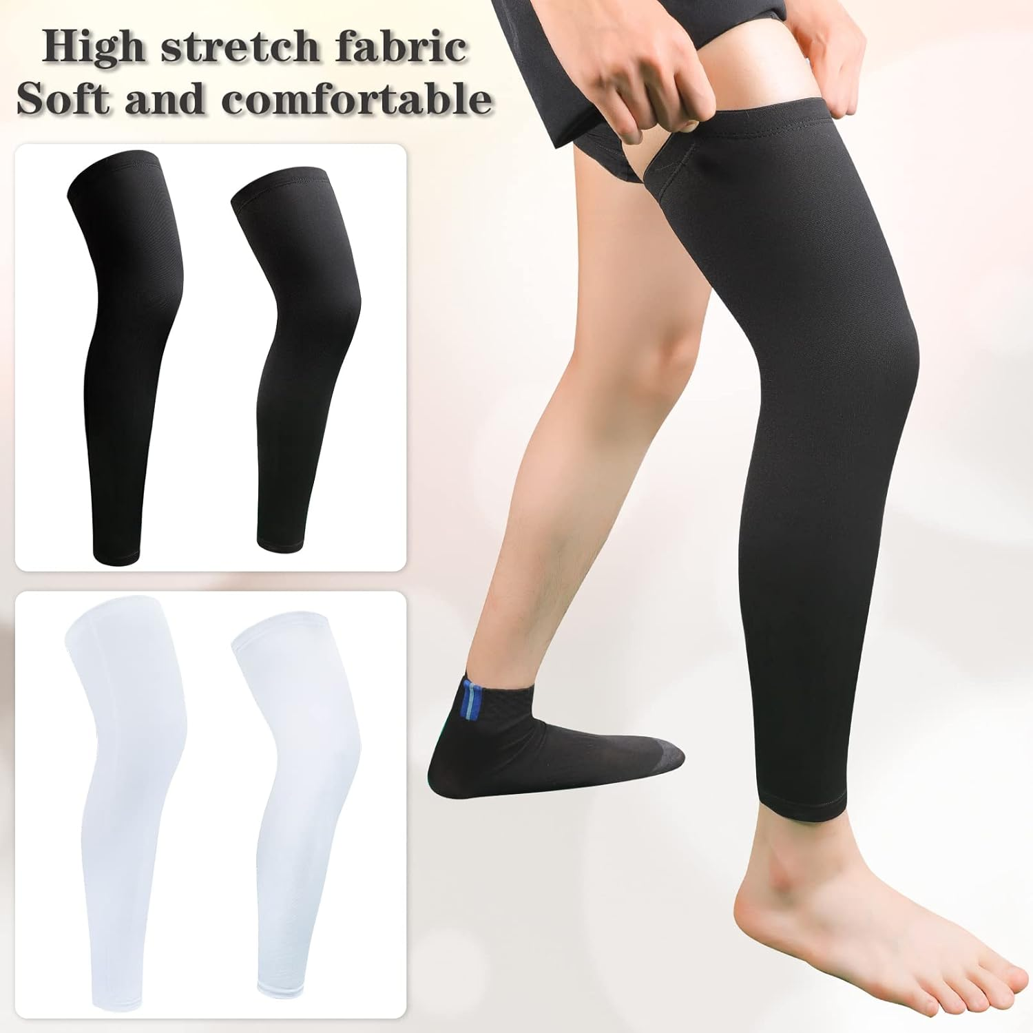 2Pairs Leg Sleeves,Full Leg Compression Sleeve,Compression Long Knee Sleeve,Sports Compression UV Long Leg Sleeves with Anti-Slip Silicone Strips for Men Women Running Basketball Football(White&Black)