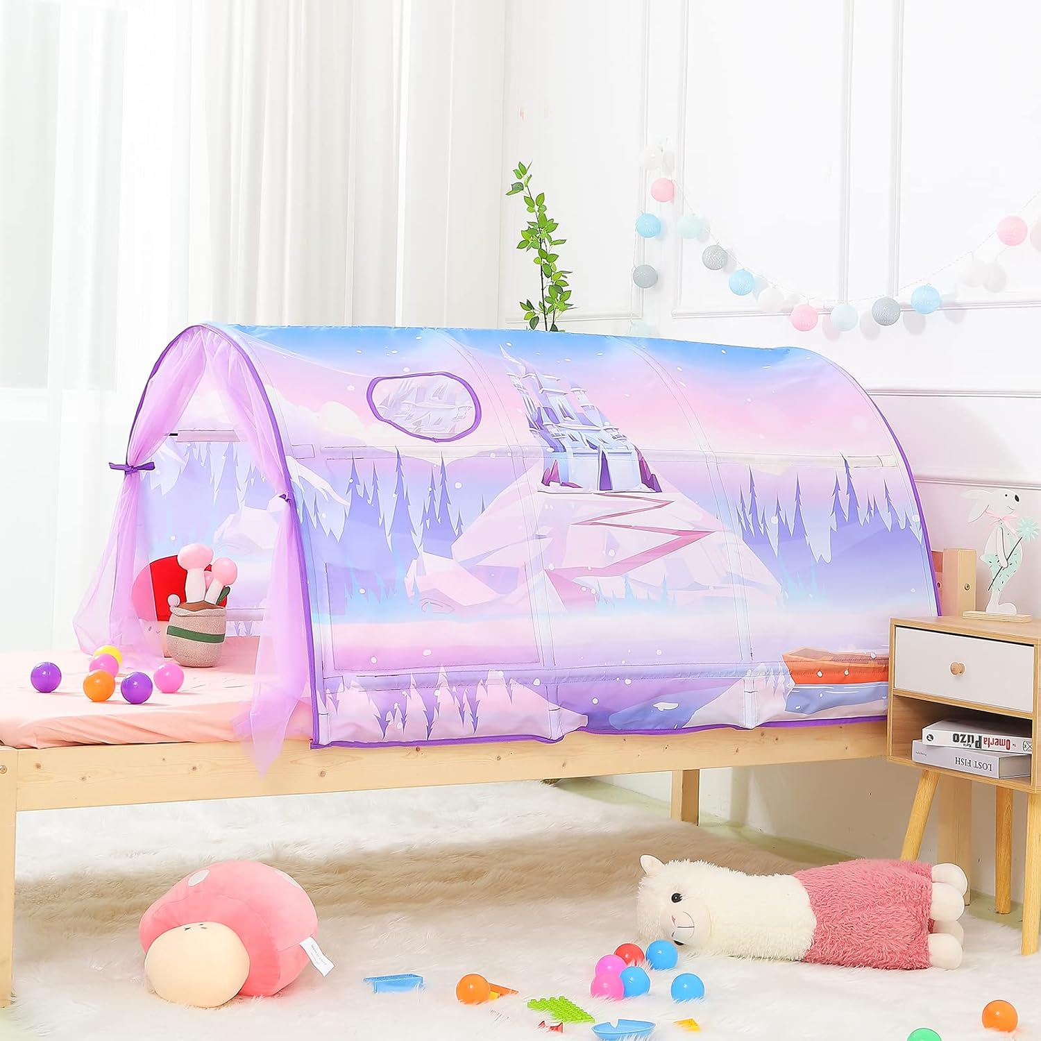 Bed Tent for Kids Toddler Foldable Game House Children Play Tents Breathable Cottage Combination Sleeping Canopy Playhouse Double Net Curtain with Storage Bag,(Bed Tent-Castle) image number 5