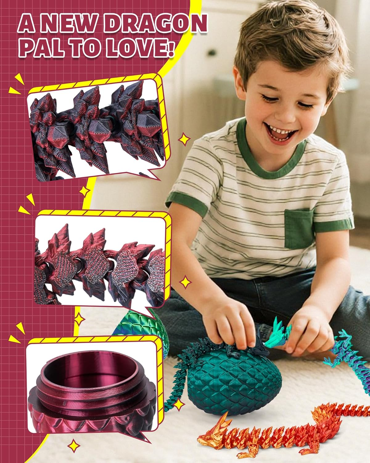 3D Printed Dragon Egg with Articulated Dragon inside - Adult Fidget Toys for Autism ADHD (Black Red) - Laser Yellow Green-12Inch image number 3