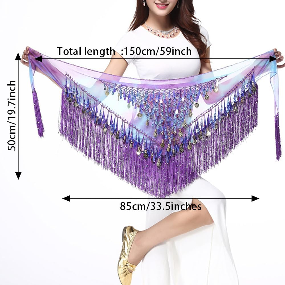 LZYMSZ Belly Dance Hip Scarfs,Girls/Women'S Wave Shape Skirts Wrap with Sequin,Purple Chiffon Tassel Skirt Waist Costume Belt for Festival Club Summer Beach Dance