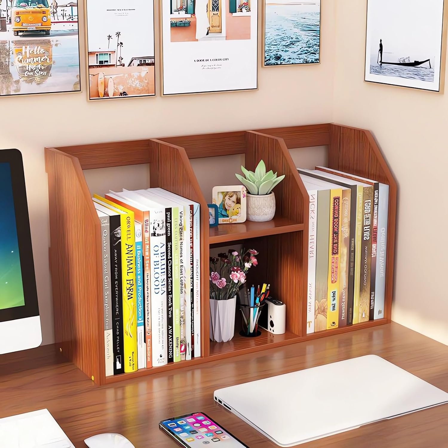 Desktop Bookshelf, Book Organiser, Wooden Bookcases, Office Desk Storage Shelf, Table Storage Rack A271 (Black)