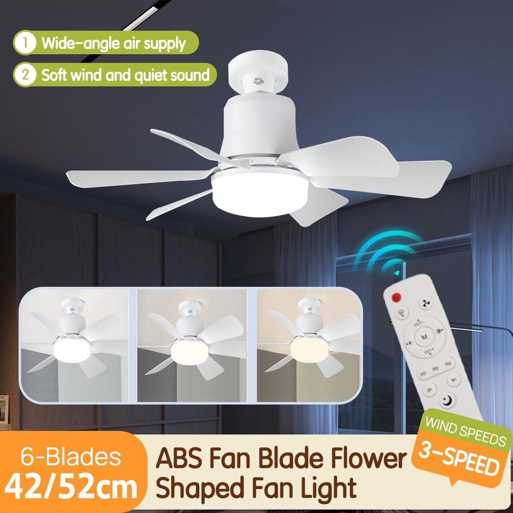 40W White Ceiling Fan with LED Light Remote Control Voice Control 3 Colors Dimming and 3 Speed Settings, Remote Control E27 Plug in Fan Light Bulb for for Living Room Bedroom 42CM/52CM (52CM) image number 3