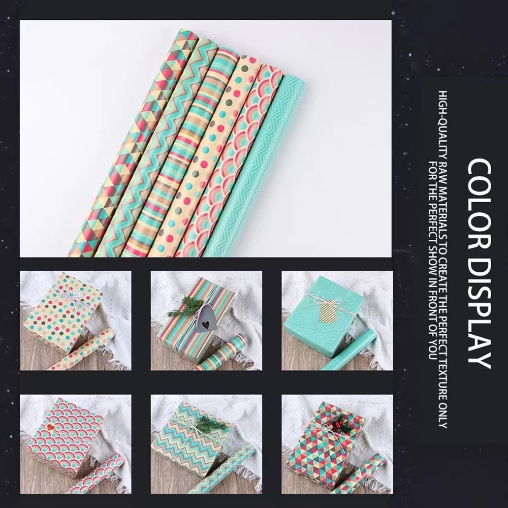 FLTON Gift Wrap Set, 6 Pack Wrapping Paper with Sticker, Eco Friendly 70Cm X 50Cm, Perfect for Birthday, Wedding, Christmas image number 4