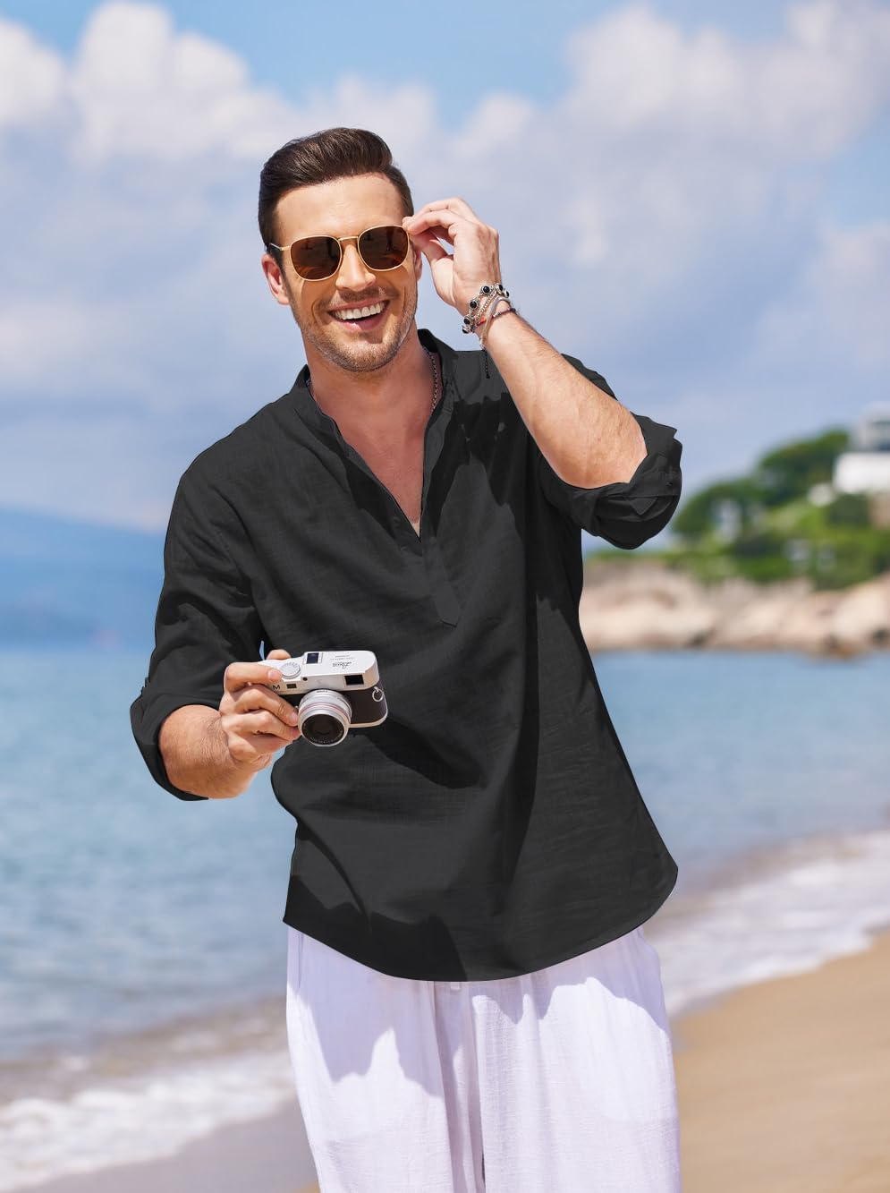 Coofandy Men'S Cotton Linen Henley Shirt Long Sleeve Hippie Casual Beach T Shirts Army Green image number 1